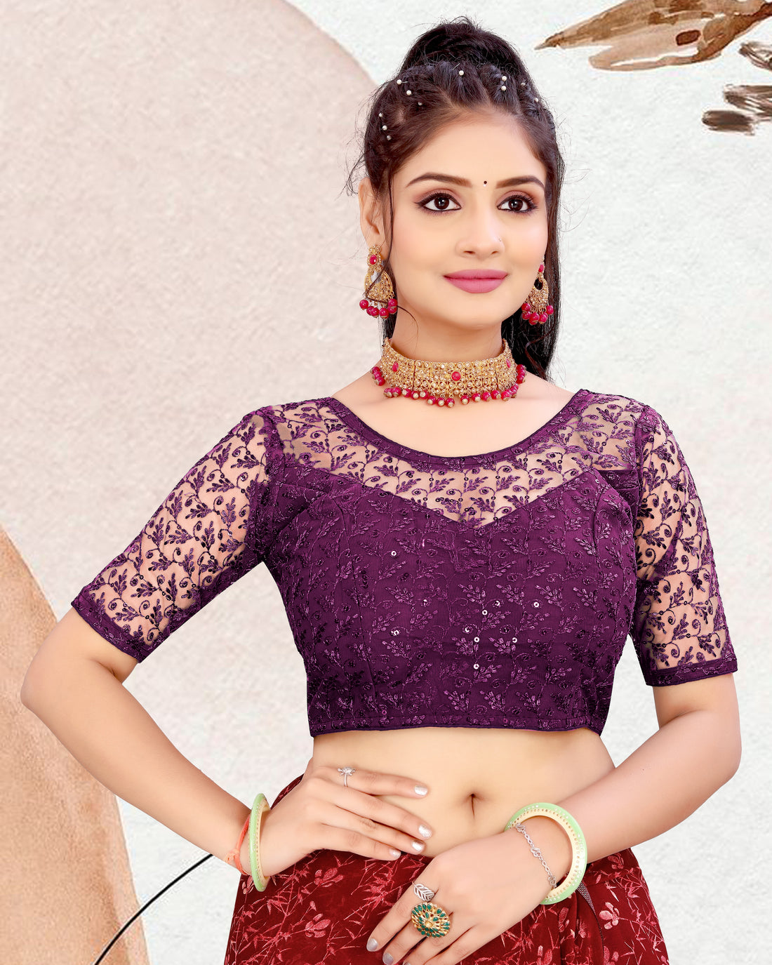 Full Stitched Net Blouse with Embroidery And Stylist Work Ready Made Net Blouse For Women
