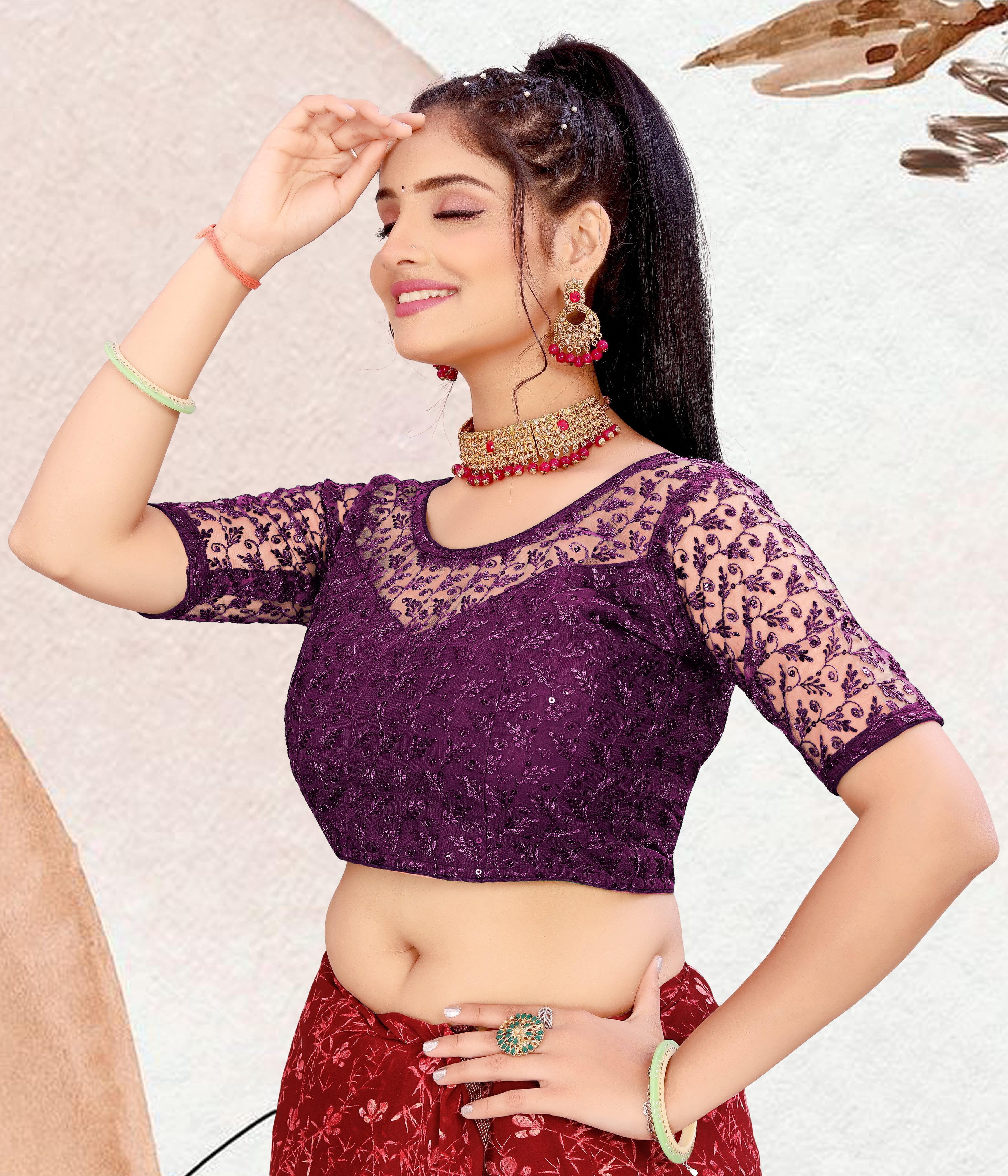 Full Stitched Net Blouse with Embroidery And Stylist Work Ready Made Net Blouse For Women