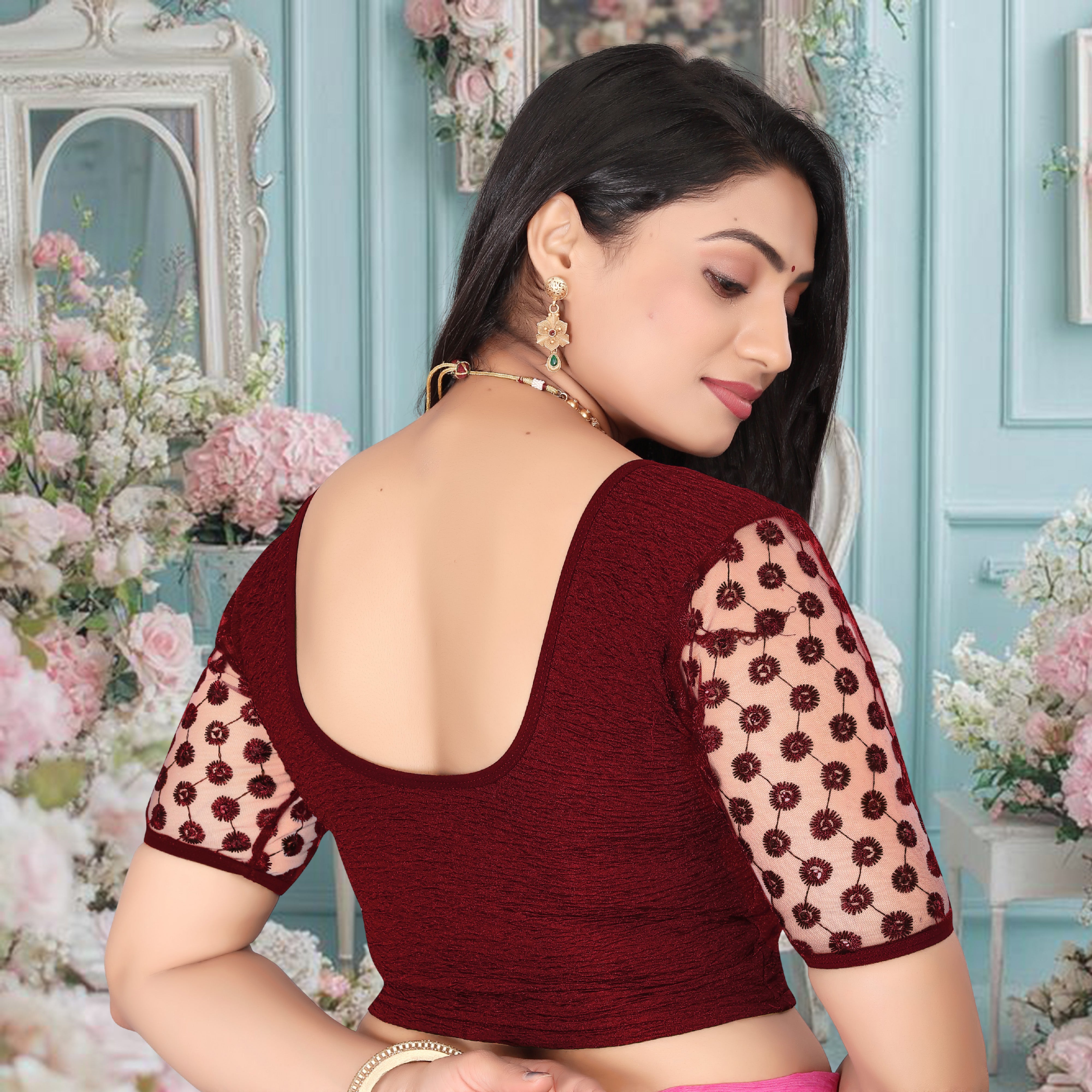 Imported Stretchable Lycra Full Stitched Blouse for women with Embroidery and Saquanc Work On Sleeve, Latest Lycra Blouse, Half Sleeve Blouse, Net Blouse