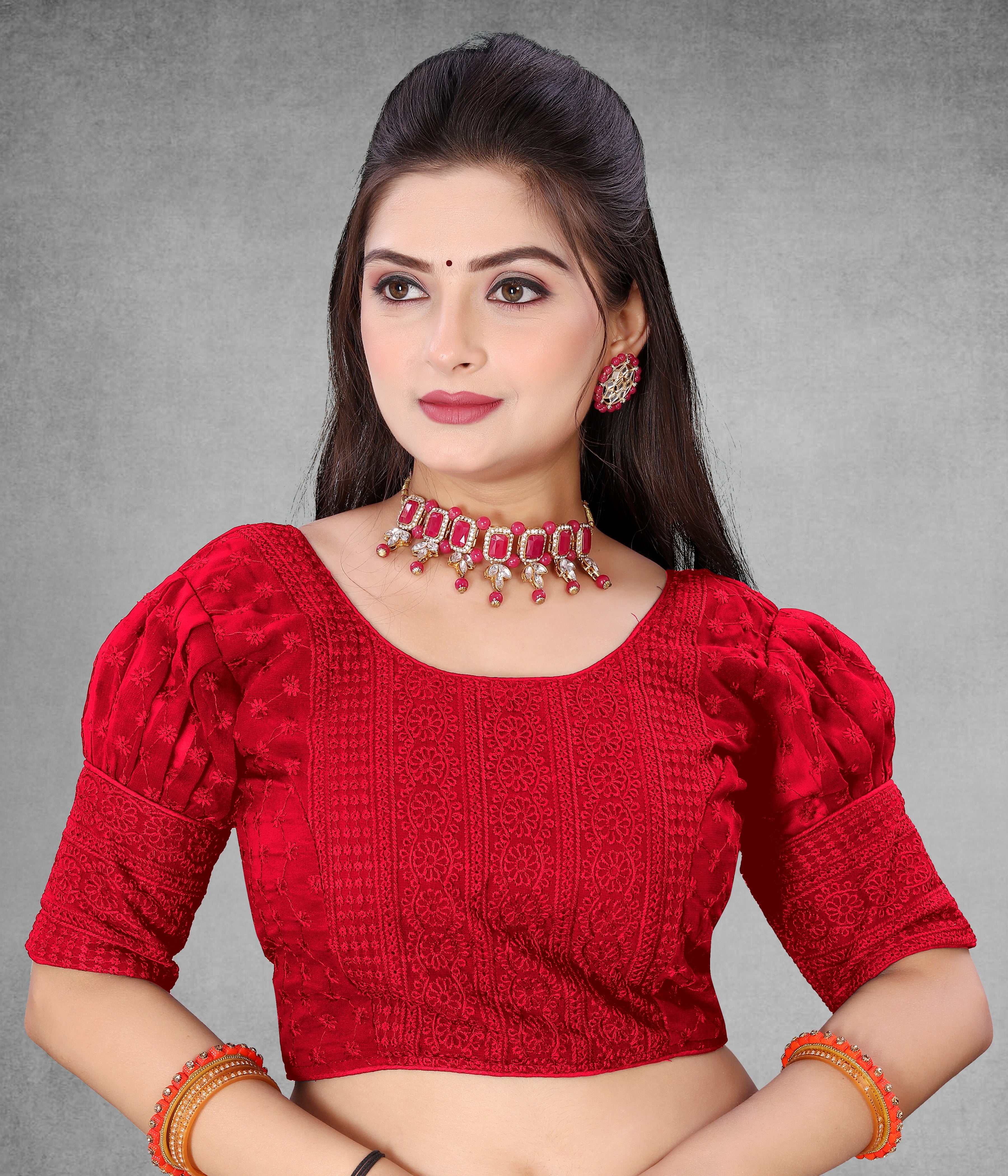 Half Sleeve Embroidery Women blouse, Georgette readymade blouse for girls, stylist Blousese for beautiful lady, Fancy lace on sleeve blouse, new model Embroidery blouse