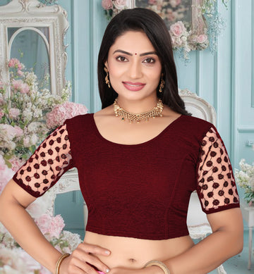 Imported Stretchable Lycra Full Stitched Blouse for women with Embroidery and Saquanc Work On Sleeve, Latest Lycra Blouse, Half Sleeve Blouse, Net Blouse