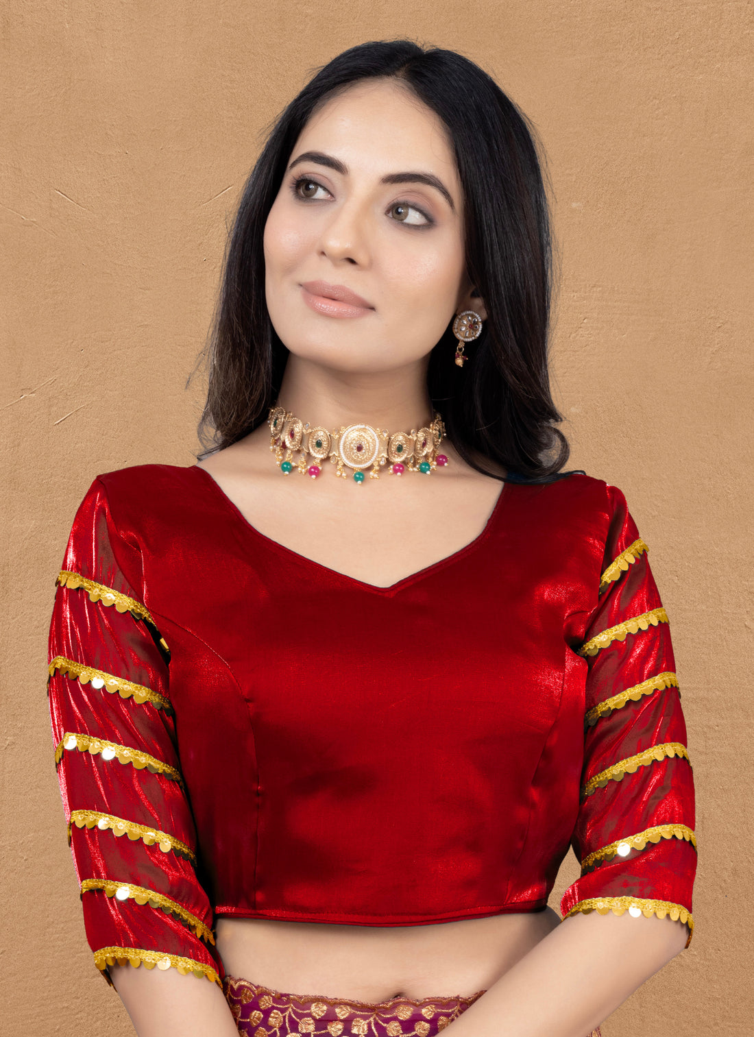 •  Trendy Zimmy Choo Fabric Blouse for Women with Sequence Lace Sleeve Design and Designer Border, Perfect for Wedding Wear and Party Wear Looks