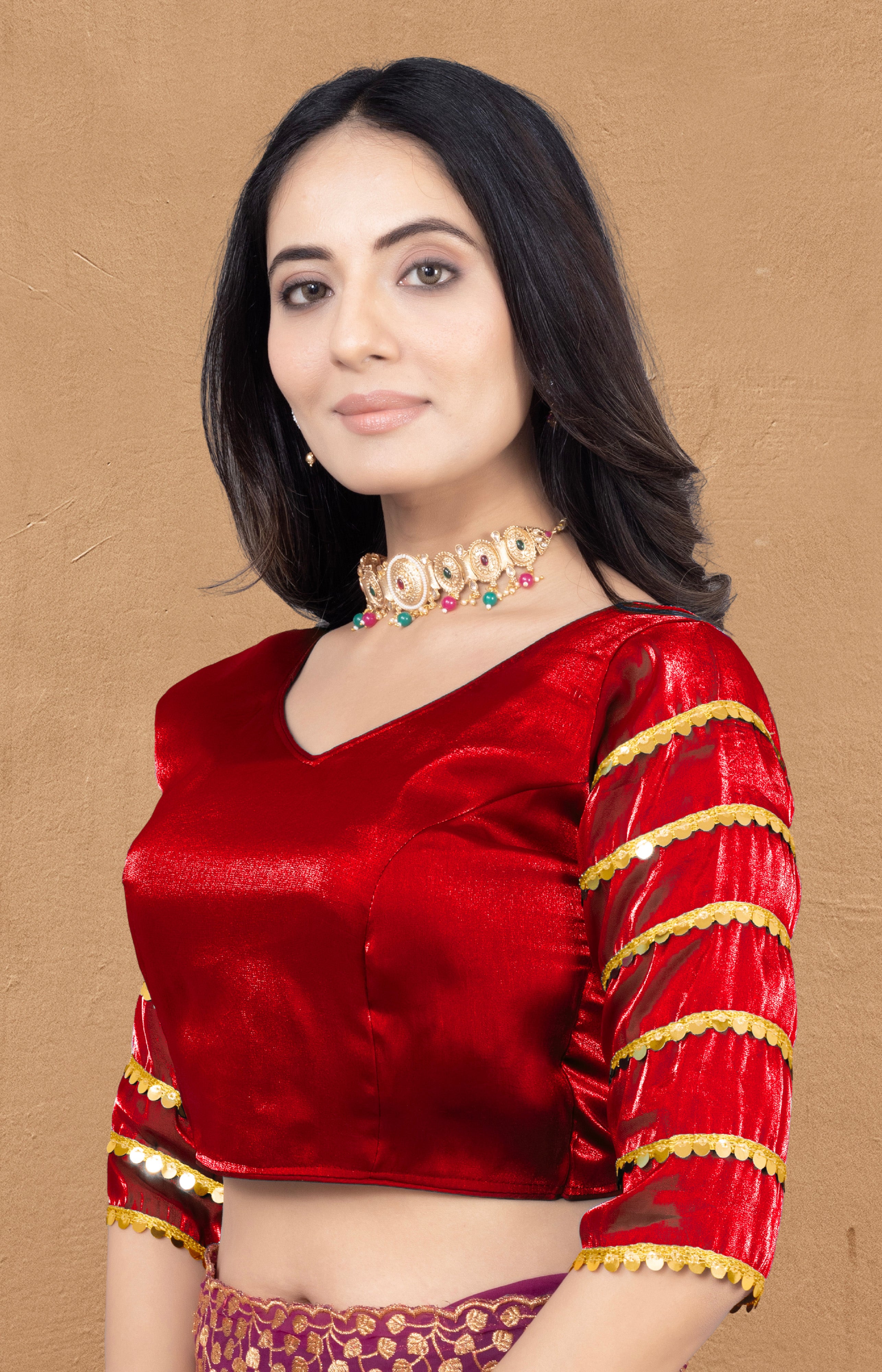 •  Trendy Zimmy Choo Fabric Blouse for Women with Sequence Lace Sleeve Design and Designer Border, Perfect for Wedding Wear and Party Wear Looks