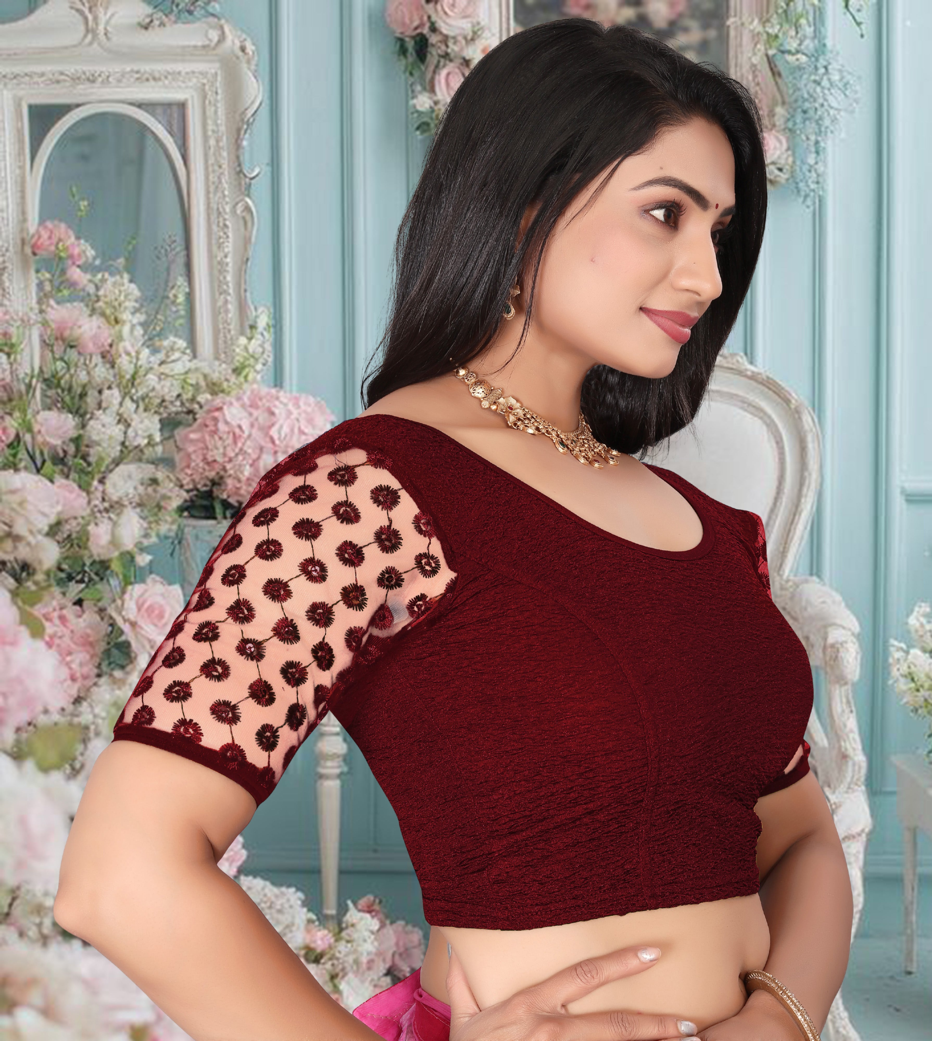 Imported Stretchable Lycra Full Stitched Blouse for women with Embroidery and Saquanc Work On Sleeve, Latest Lycra Blouse, Half Sleeve Blouse, Net Blouse