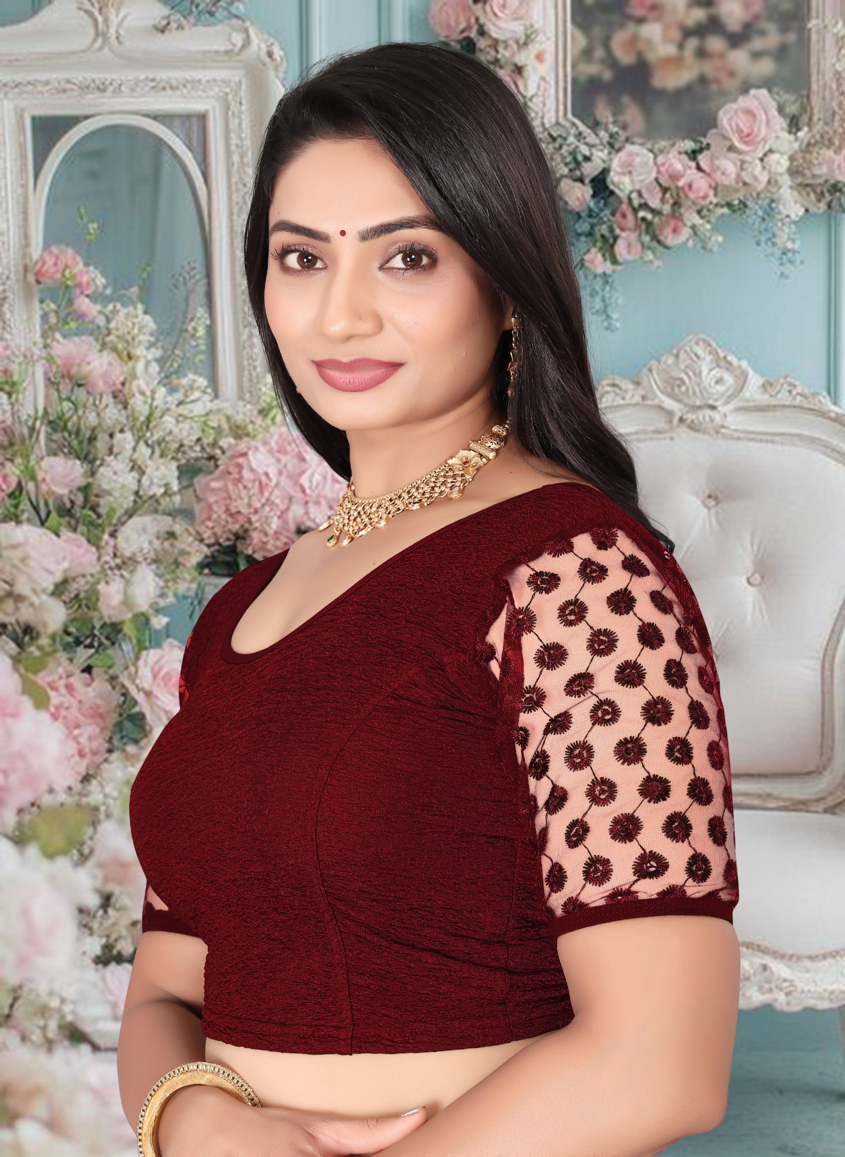 Imported Stretchable Lycra Full Stitched Blouse for women with Embroidery and Saquanc Work On Sleeve, Latest Lycra Blouse, Half Sleeve Blouse, Net Blouse