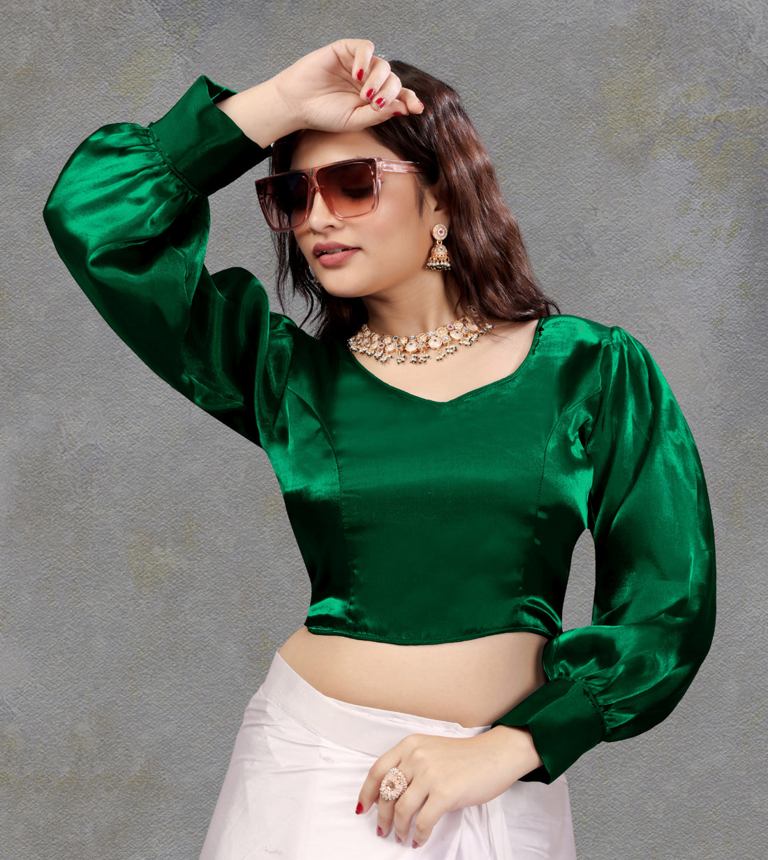 Full sleeve stylist blouse, party wear blouse for women, full stitched blouse, Trendy Zimii choo Organza Silk Ruffle Balloon Puff Sleeve V Neck Party wear Blouse, Soft Organza Fabric Balloon Type Sleeve Blouse.
