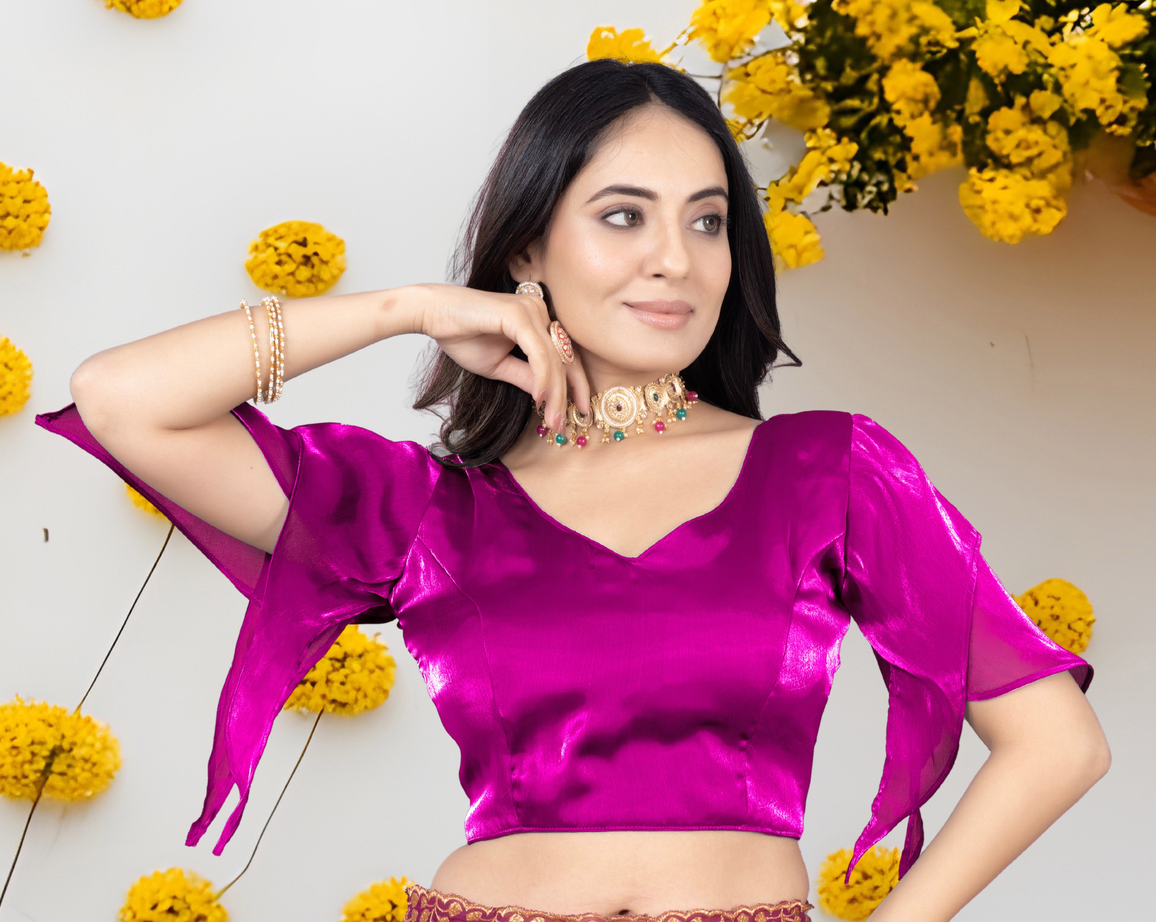 •  Premium Zimmy  Choo Fabric Blouse for Women with Butterfly Sleeves and Designer Finish, Perfect for Saree and Lehenga Pairing, Ideal for Wedding Wear