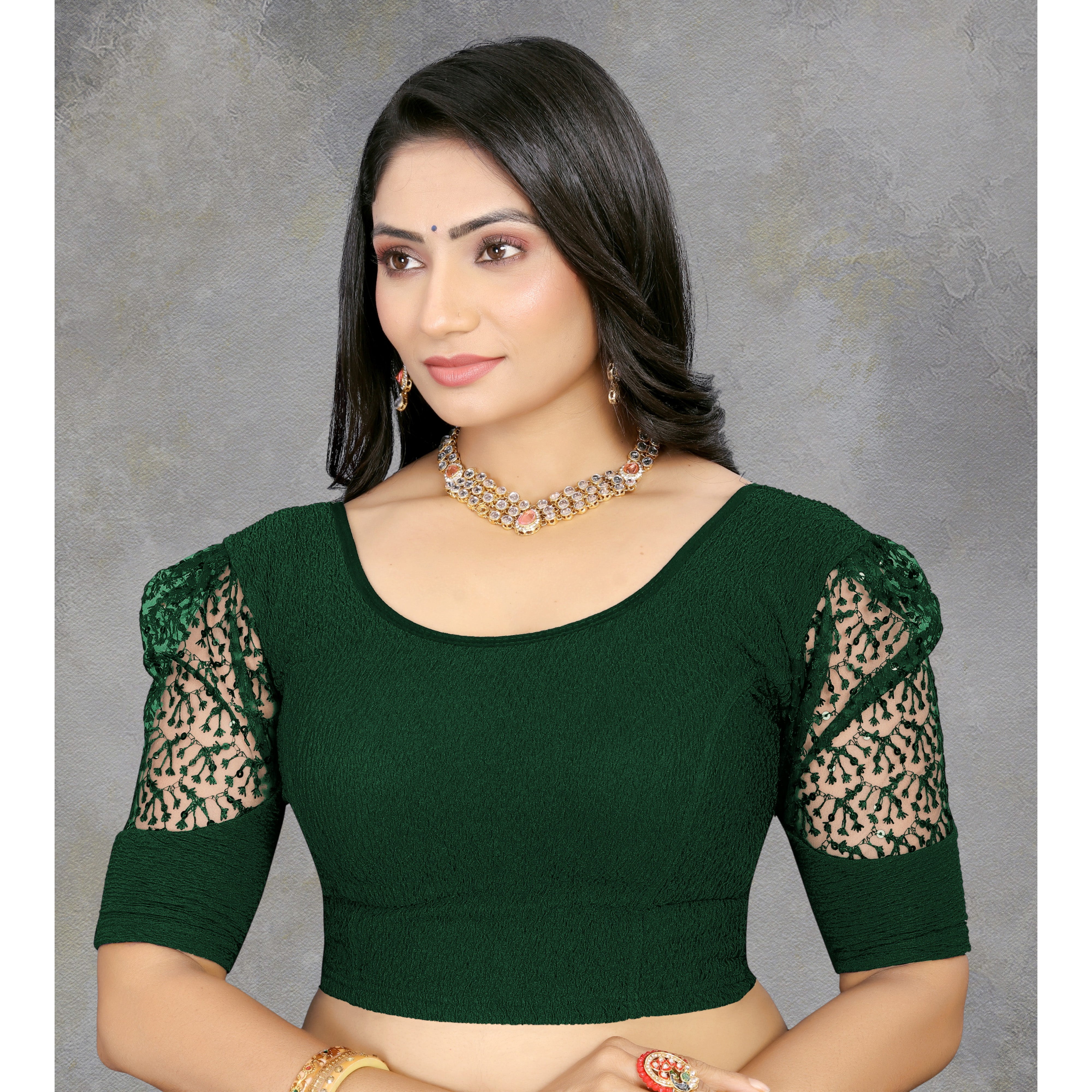 Stretchable Lycra Casual Round Neck Short Sleeves, Solid Lycra Blouse for Women, Fancy and Trendy blouse for girls and women With Stylist Net Pattern, New Designer Blouse