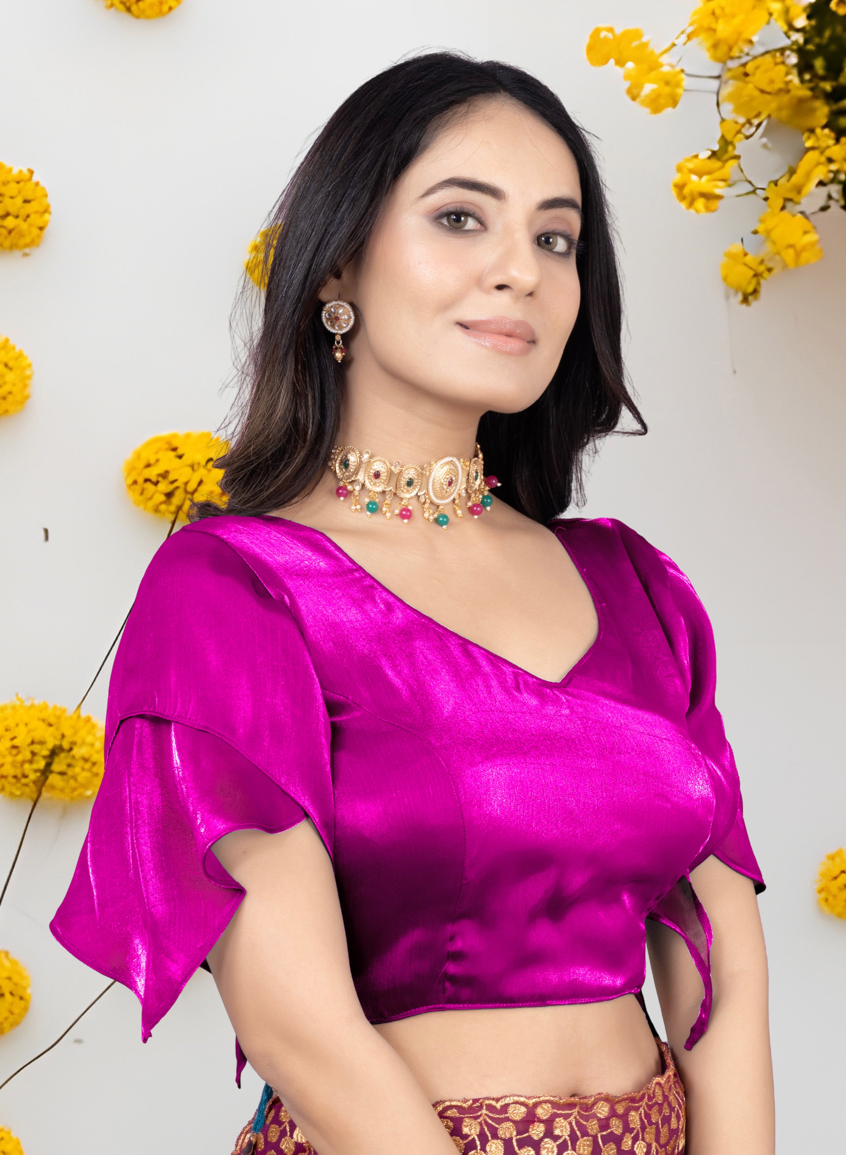 •  Premium Zimmy  Choo Fabric Blouse for Women with Butterfly Sleeves and Designer Finish, Perfect for Saree and Lehenga Pairing, Ideal for Wedding Wear