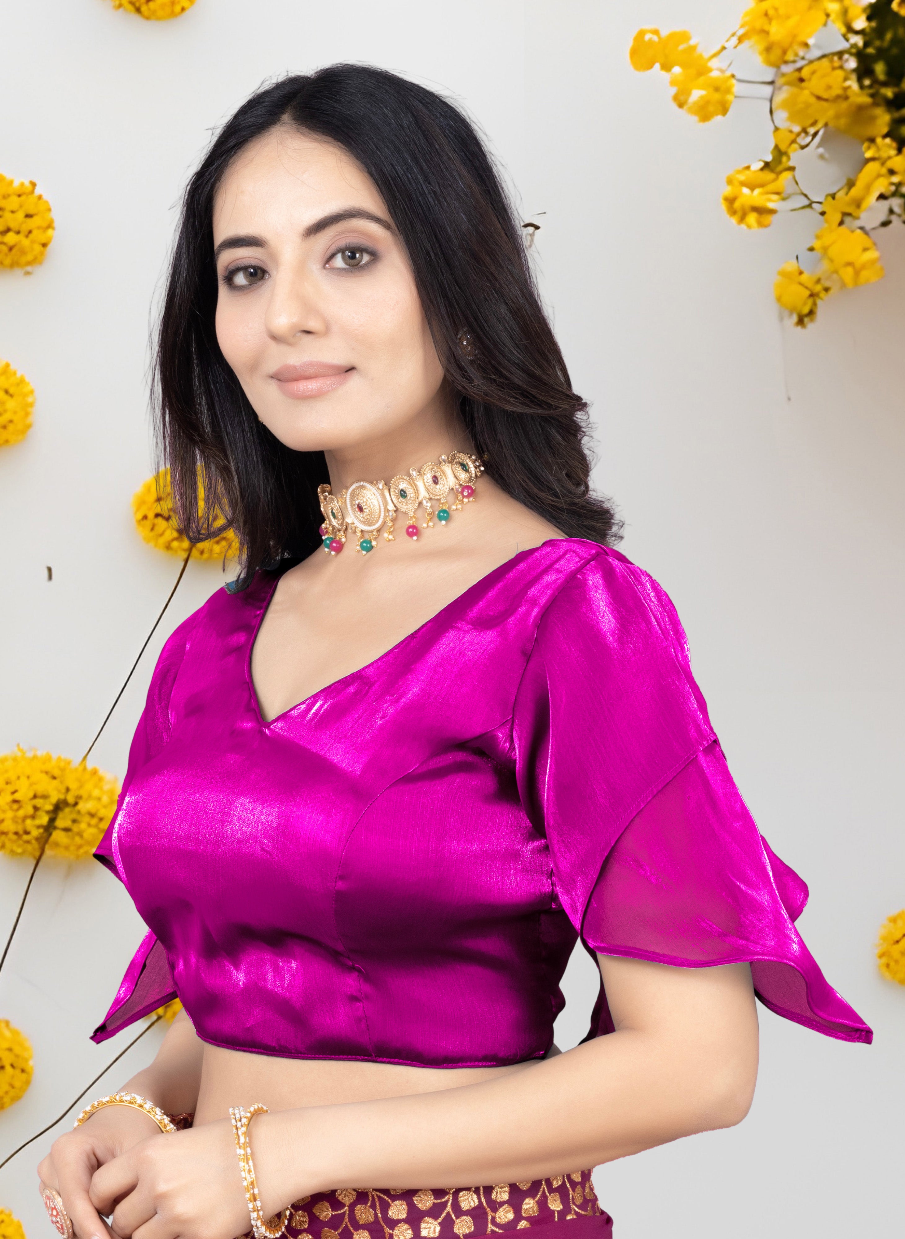 •  Premium Zimmy  Choo Fabric Blouse for Women with Butterfly Sleeves and Designer Finish, Perfect for Saree and Lehenga Pairing, Ideal for Wedding Wear