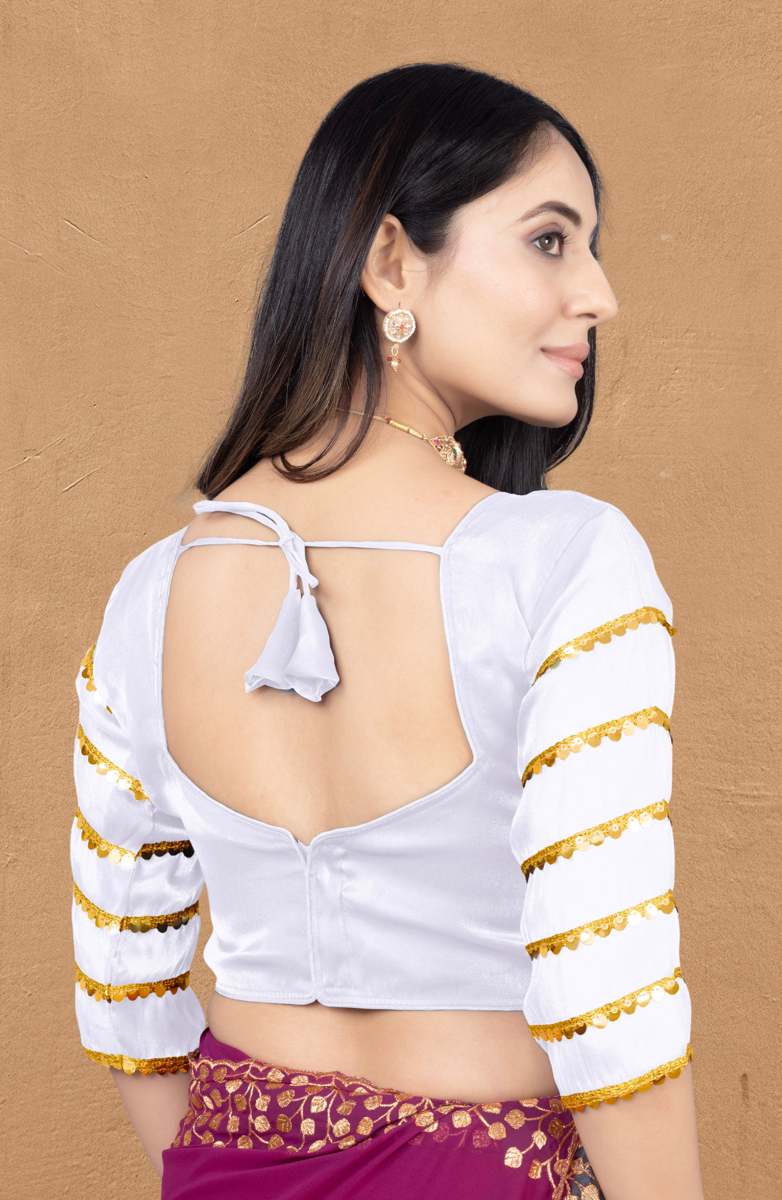 •  Designer Zimmy Choo Fabric Blouse for Women with Sequence Lace Sleeves and Golden Border, Perfect for Saree Styling, Party Wear and Festive Occasions