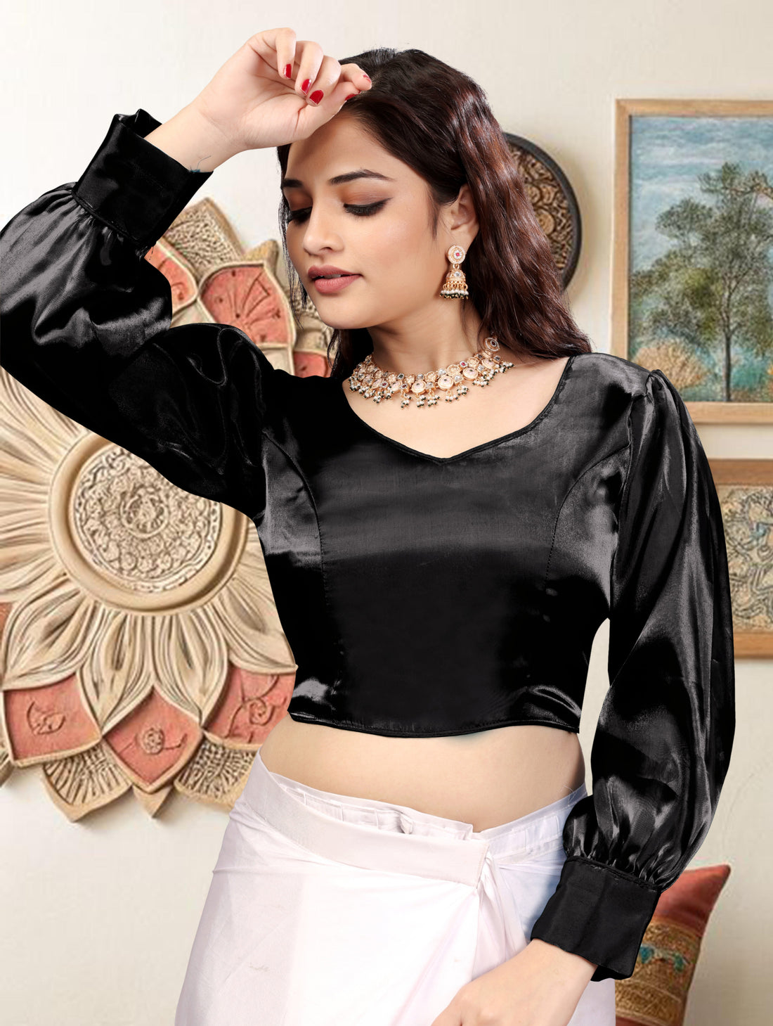 Zimmihoo Organza Party Wear Full Sleeve Blouse, V Neck Trending Saree Readymade Long Balloon Puff Sleeve Saree Blouse, Beautiful Blouse For Women.