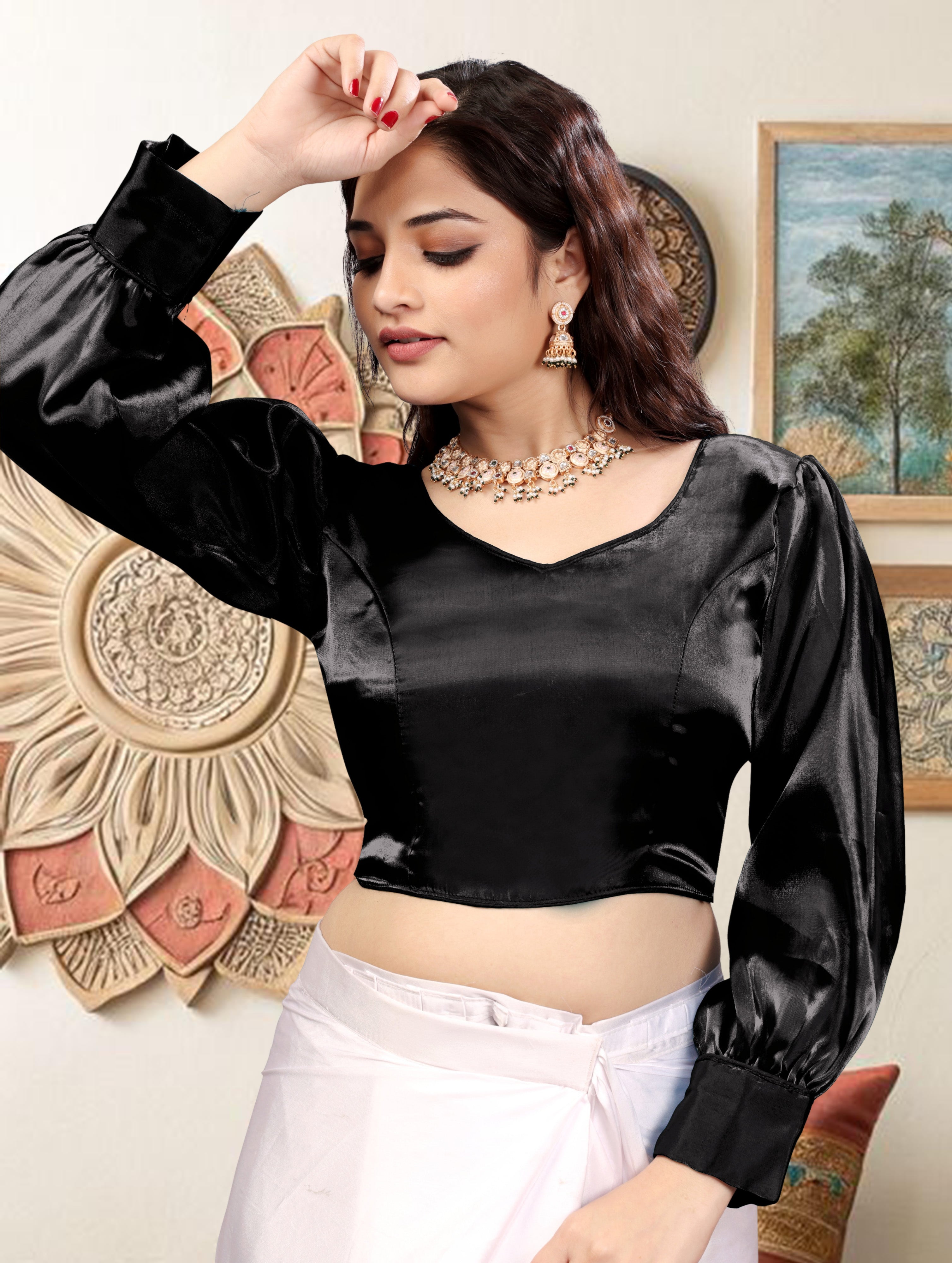 Zimmihoo Organza Party Wear Full Sleeve Blouse, V Neck Trending Saree Readymade Long Balloon Puff Sleeve Saree Blouse, Beautiful Blouse For Women.