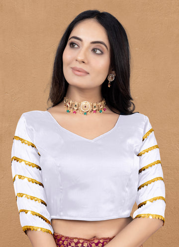 •  Designer Zimmy Choo Fabric Blouse for Women with Sequence Lace Sleeves and Golden Border, Perfect for Saree Styling, Party Wear and Festive Occasions