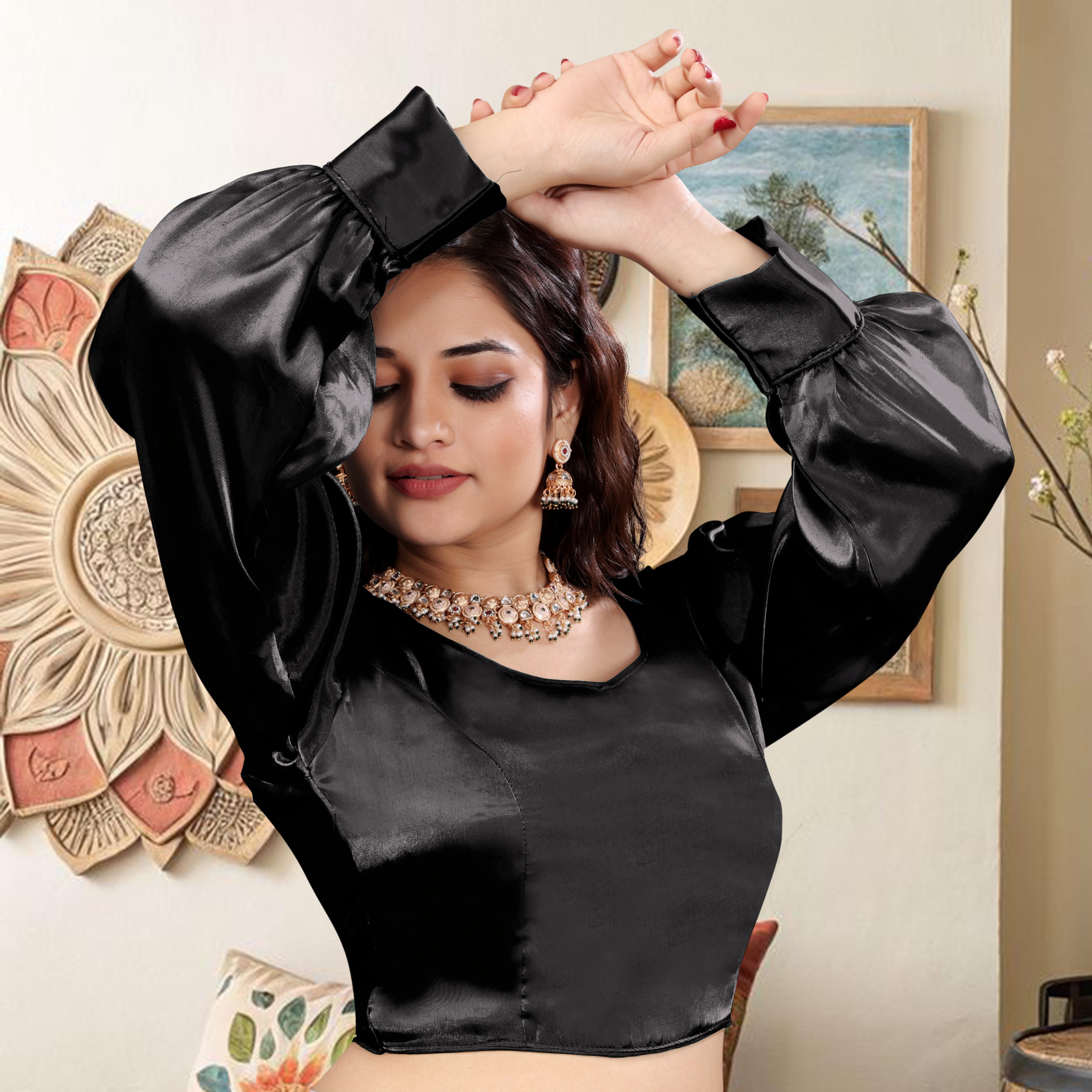 Zimmihoo Organza Party Wear Full Sleeve Blouse, V Neck Trending Saree Readymade Long Balloon Puff Sleeve Saree Blouse, Beautiful Blouse For Women.