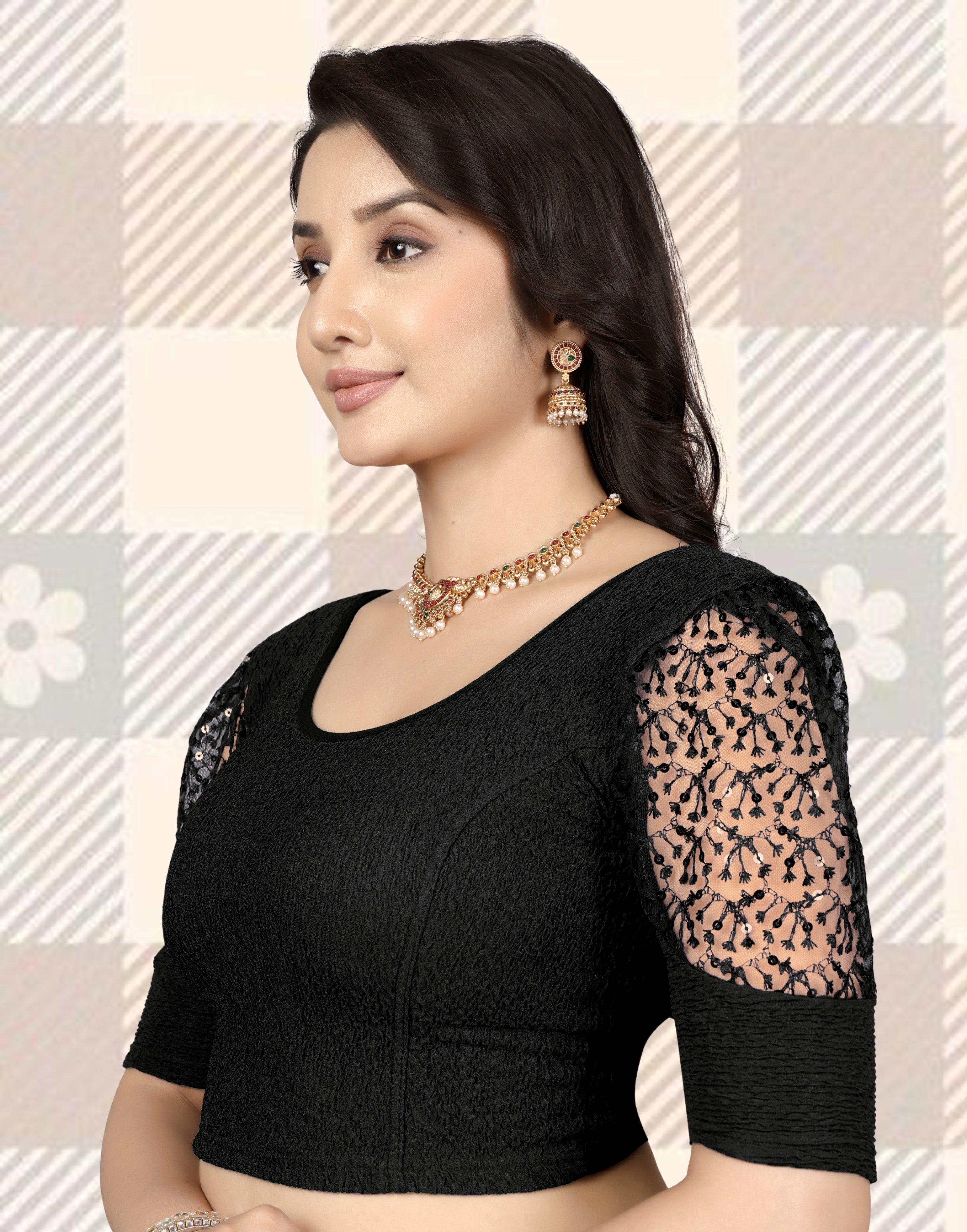 Imported Stretchable Lycra Full Stitched Blouse for women with Embroidery and Saquanc Work On Sleeve, Latest Lycra Blouse, Half Sleeve Blouse