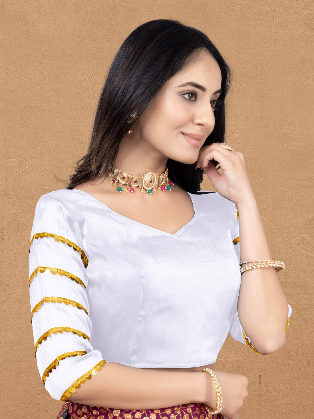 •  Designer Zimmy Choo Fabric Blouse for Women with Sequence Lace Sleeves and Golden Border, Perfect for Saree Styling, Party Wear and Festive Occasions