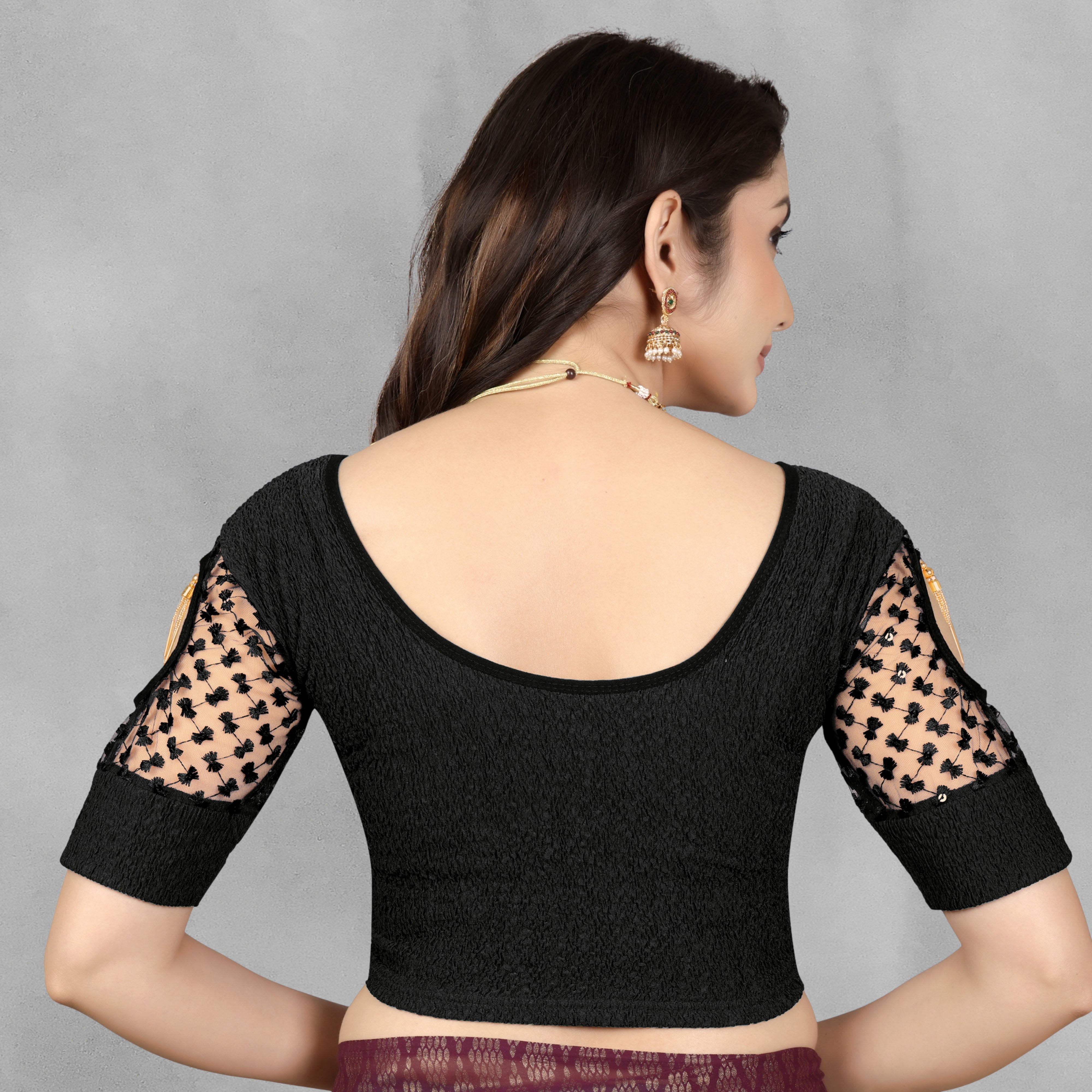 Latest Net Sleeve Pattern Stretchable Lycra Blouse, Tassels on Back for Women, Stylist Blouse For Women, Net Blouse Sleeve Pattern