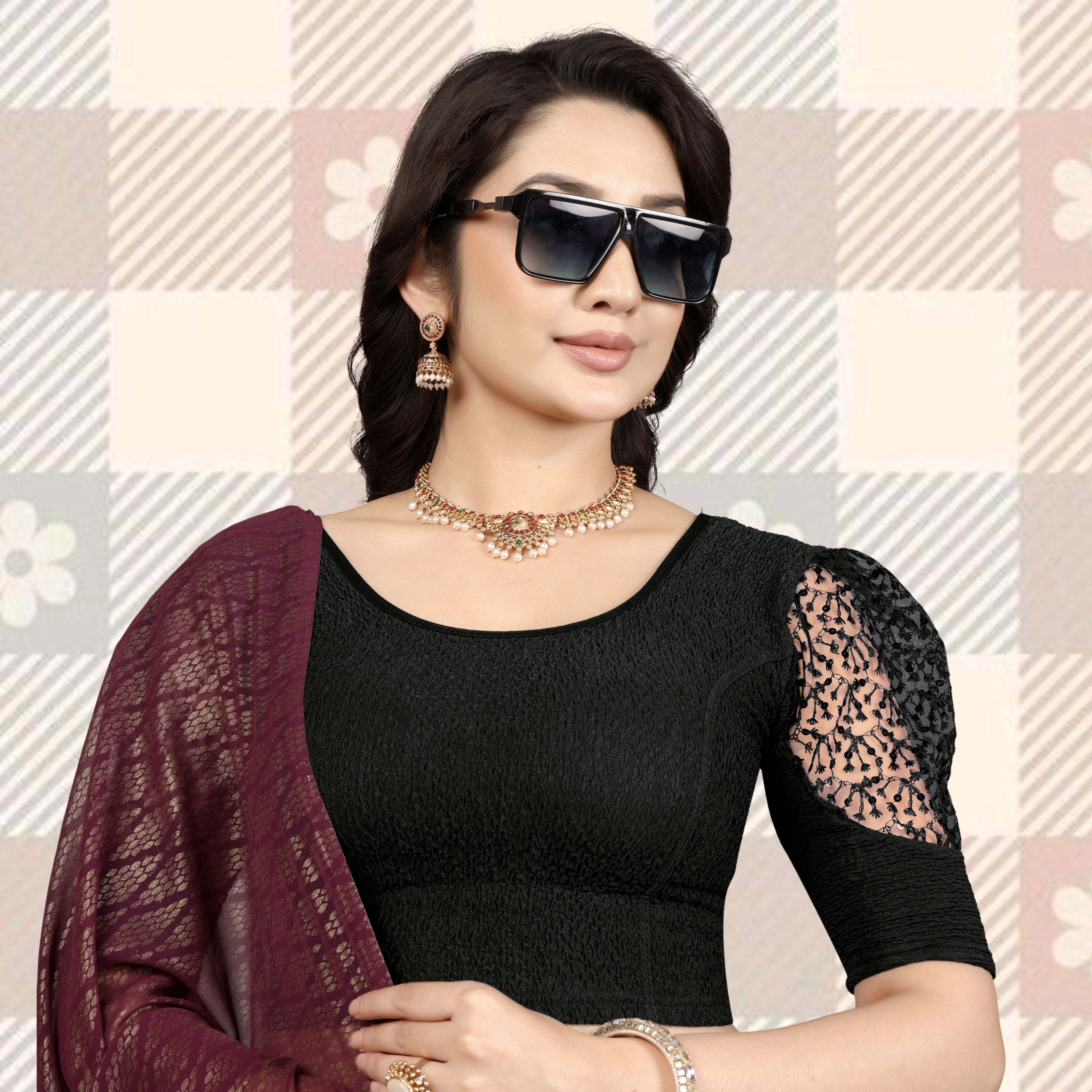 Imported Stretchable Lycra Full Stitched Blouse for women with Embroidery and Saquanc Work On Sleeve, Latest Lycra Blouse, Half Sleeve Blouse