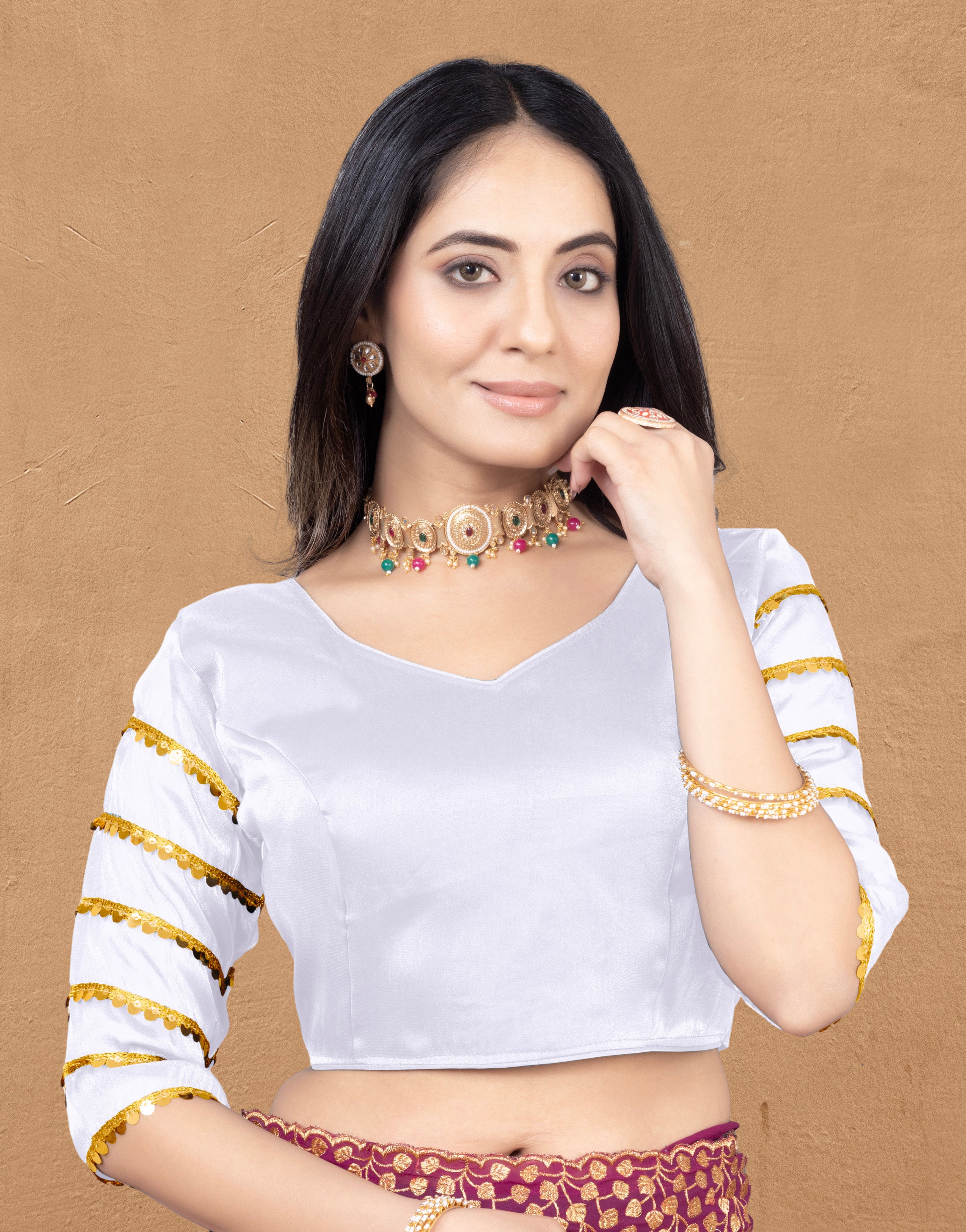 •  Designer Zimmy Choo Fabric Blouse for Women with Sequence Lace Sleeves and Golden Border, Perfect for Saree Styling, Party Wear and Festive Occasions