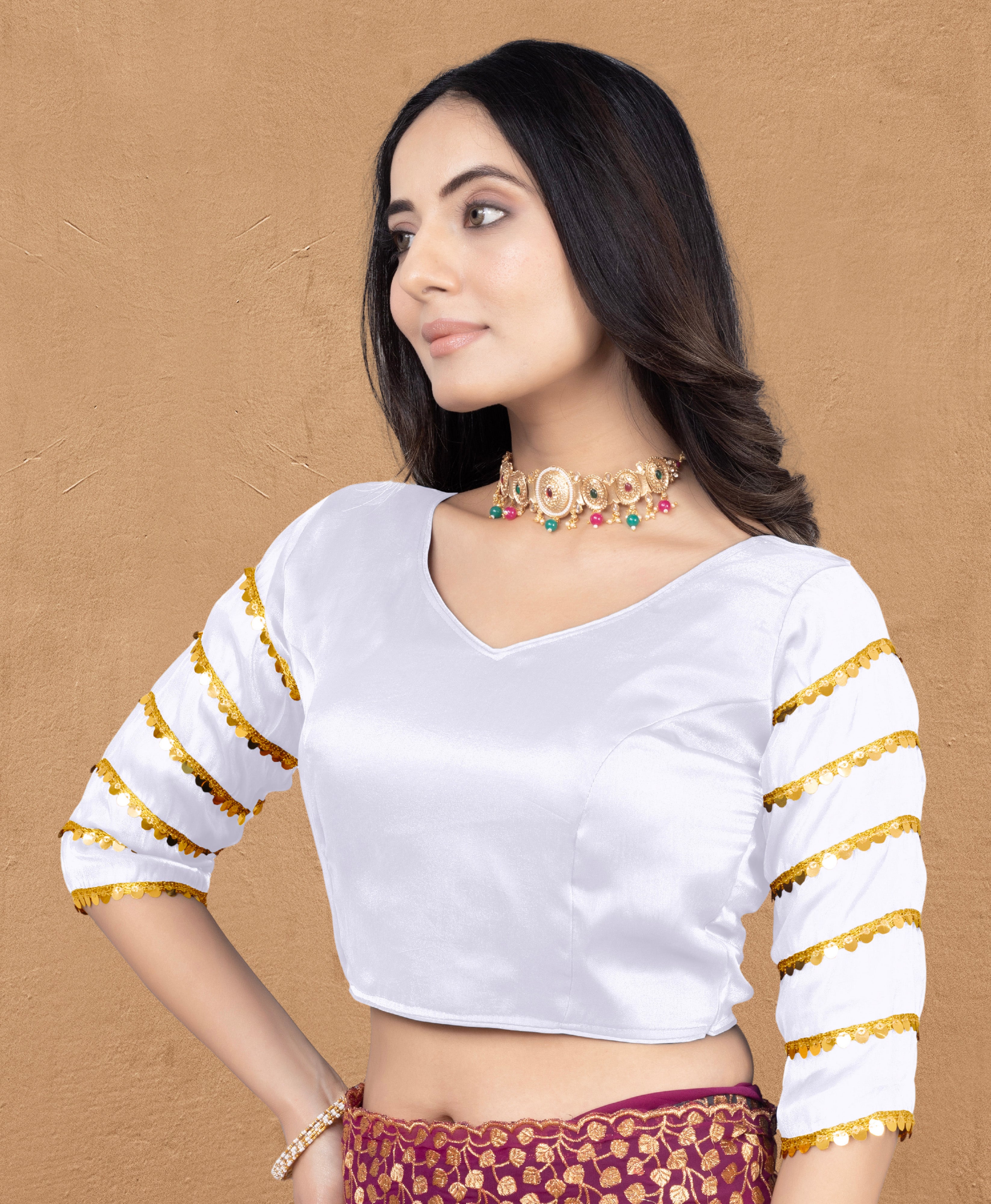 •  Designer Zimmy Choo Fabric Blouse for Women with Sequence Lace Sleeves and Golden Border, Perfect for Saree Styling, Party Wear and Festive Occasions