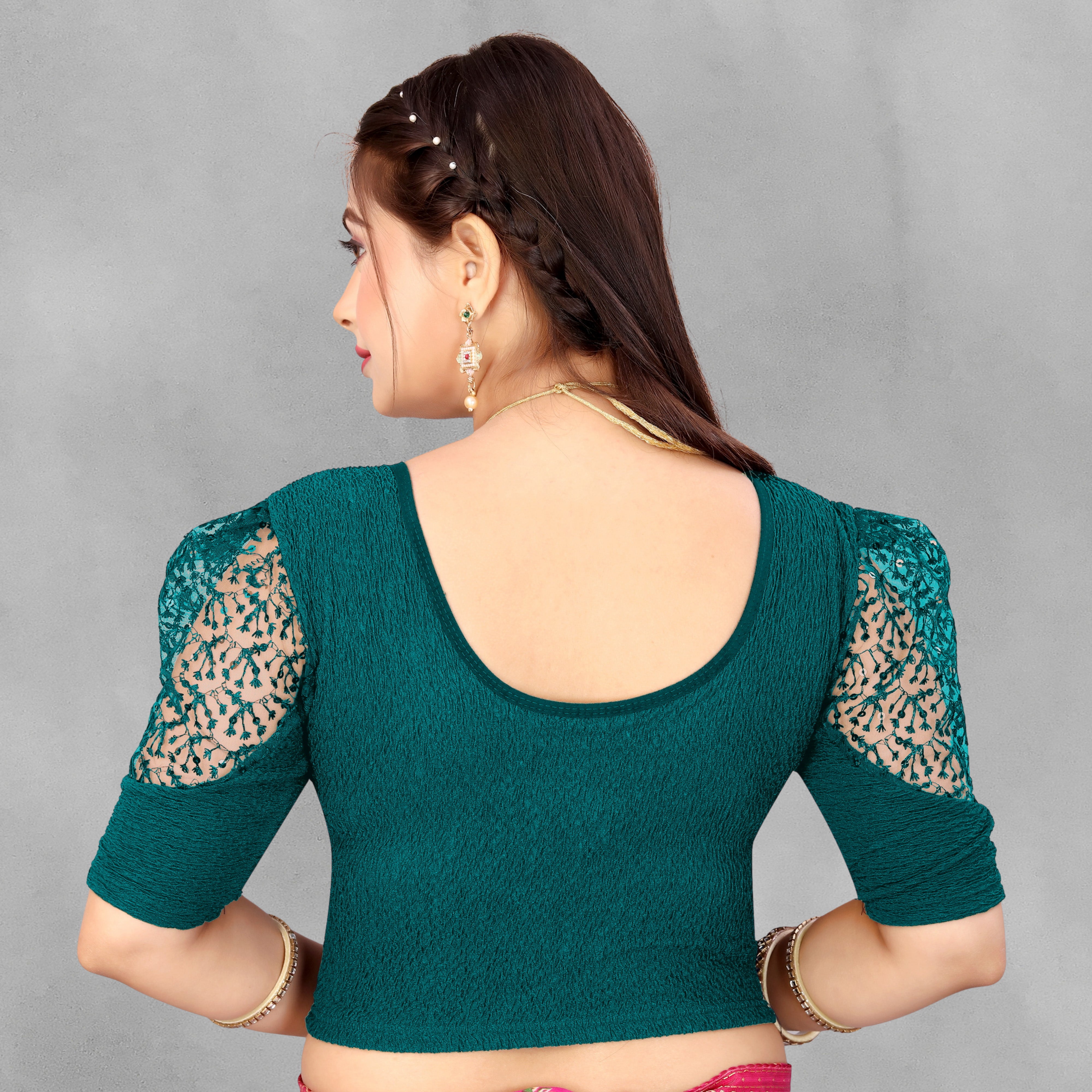 Stretchable Lycra Casual Round Neck Short Sleeves, Solid Lycra Blouse for Women, Fancy and Trendy blouse for girls and women With Stylist Net Pattern, New Designer Blouse