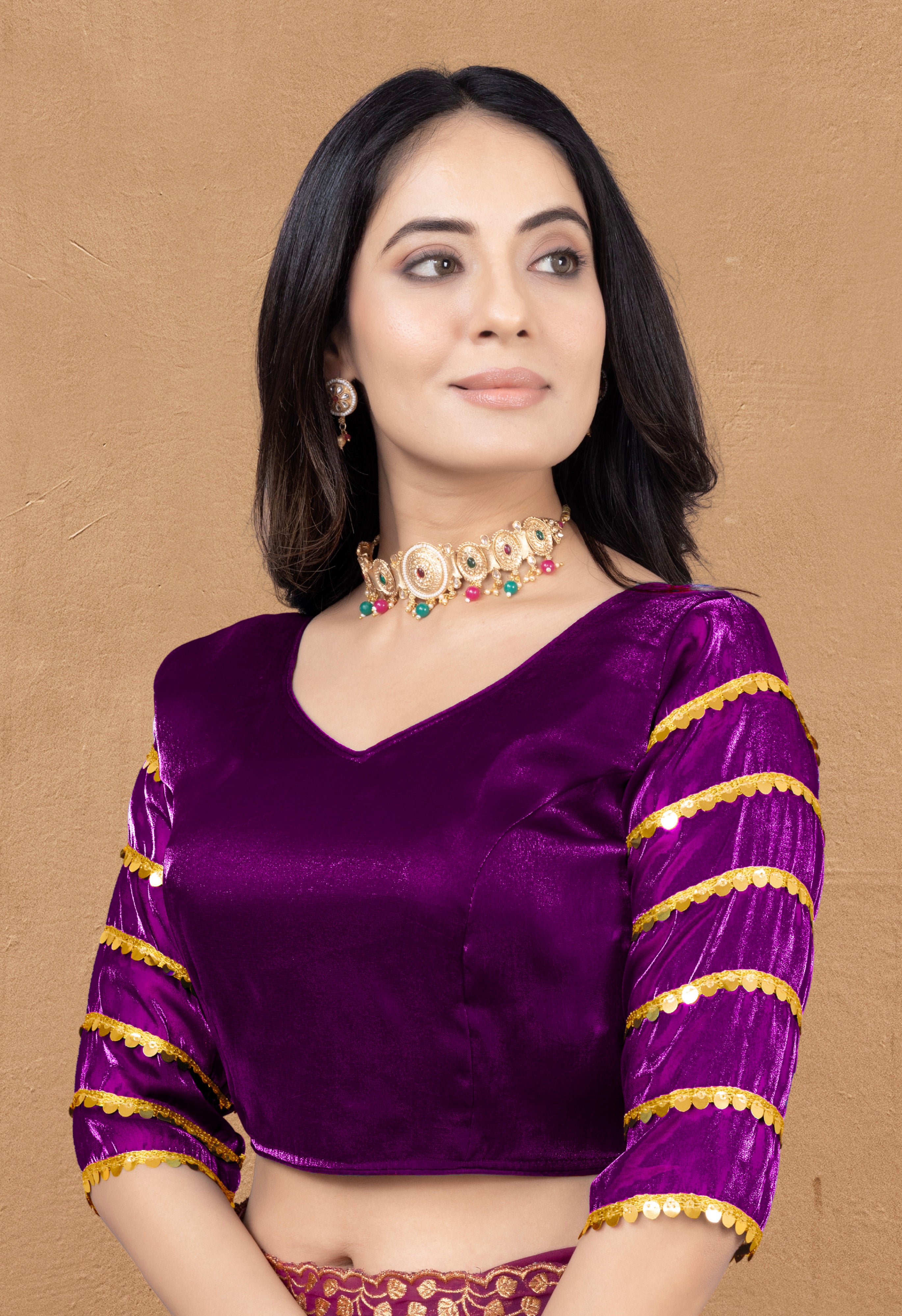 •  Premium Zimmy Choo Fabric Blouse for Women with Sequence Lace Sleeves and Golden Border, Perfect for Wedding Wear, Saree Styling and Party Looks