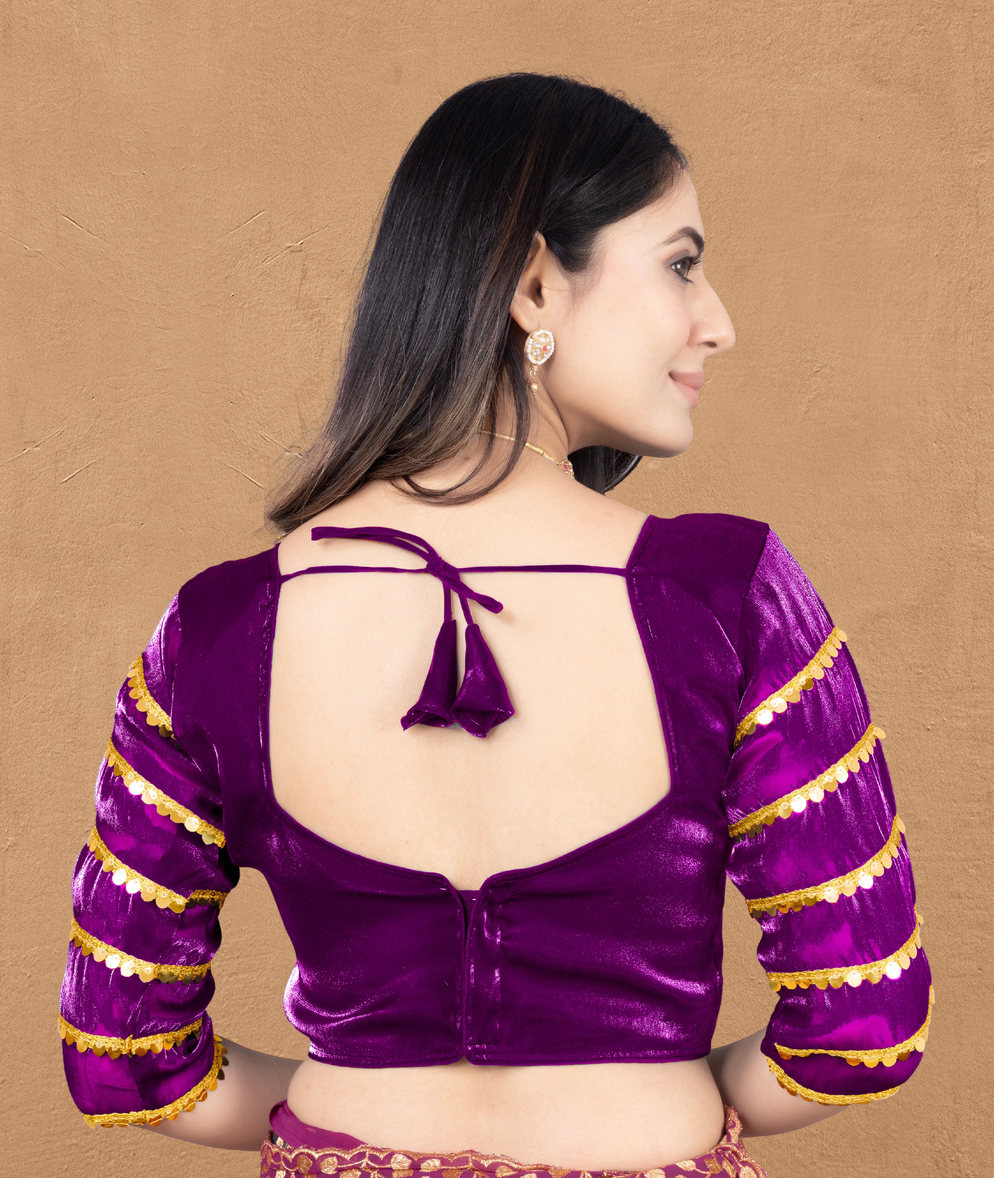 •  Premium Zimmy Choo Fabric Blouse for Women with Sequence Lace Sleeves and Golden Border, Perfect for Wedding Wear, Saree Styling and Party Looks