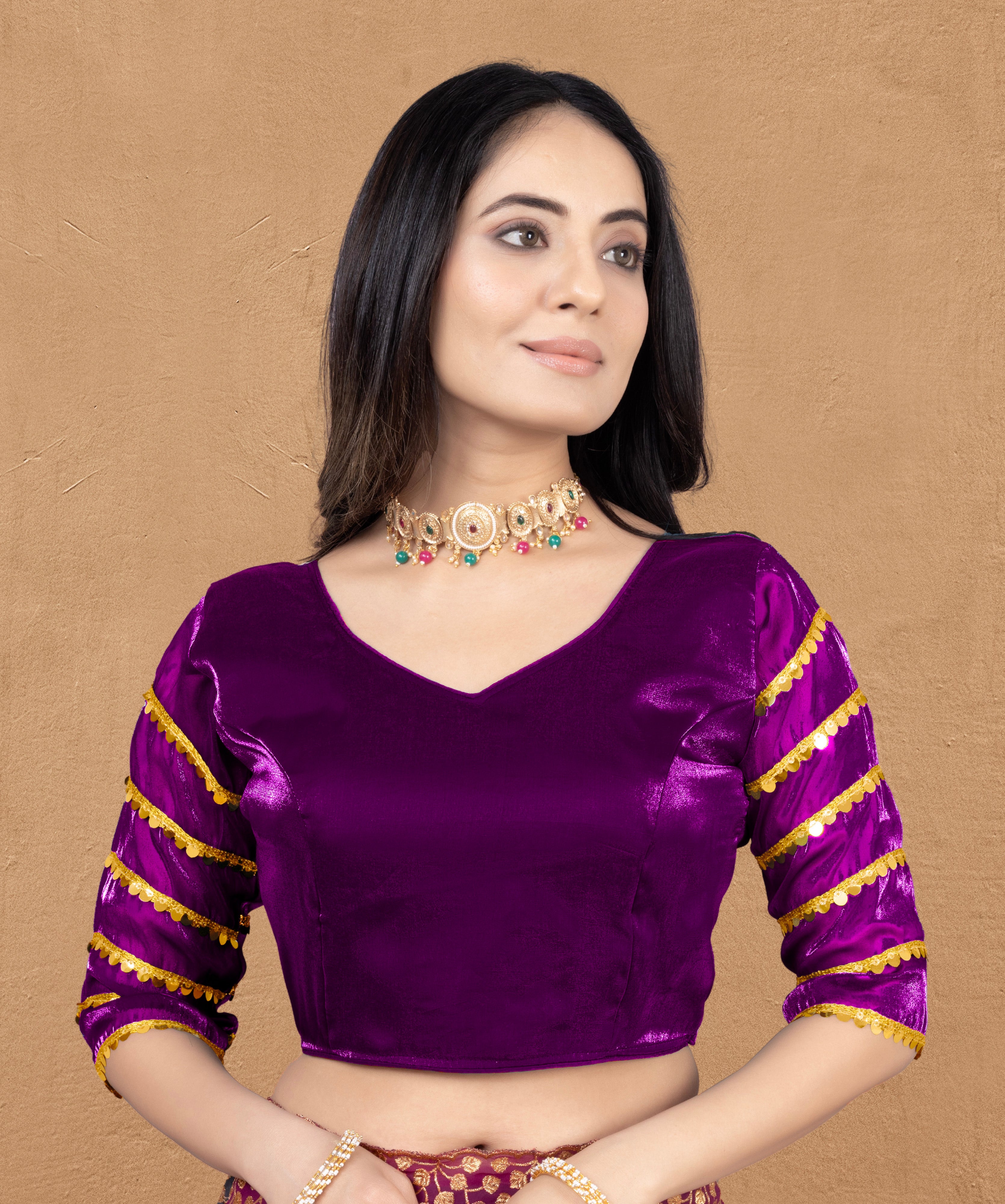 •  Premium Zimmy Choo Fabric Blouse for Women with Sequence Lace Sleeves and Golden Border, Perfect for Wedding Wear, Saree Styling and Party Looks