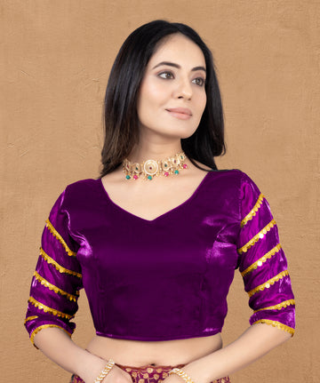 •  Premium Zimmy Choo Fabric Blouse for Women with Sequence Lace Sleeves and Golden Border, Perfect for Wedding Wear, Saree Styling and Party Looks