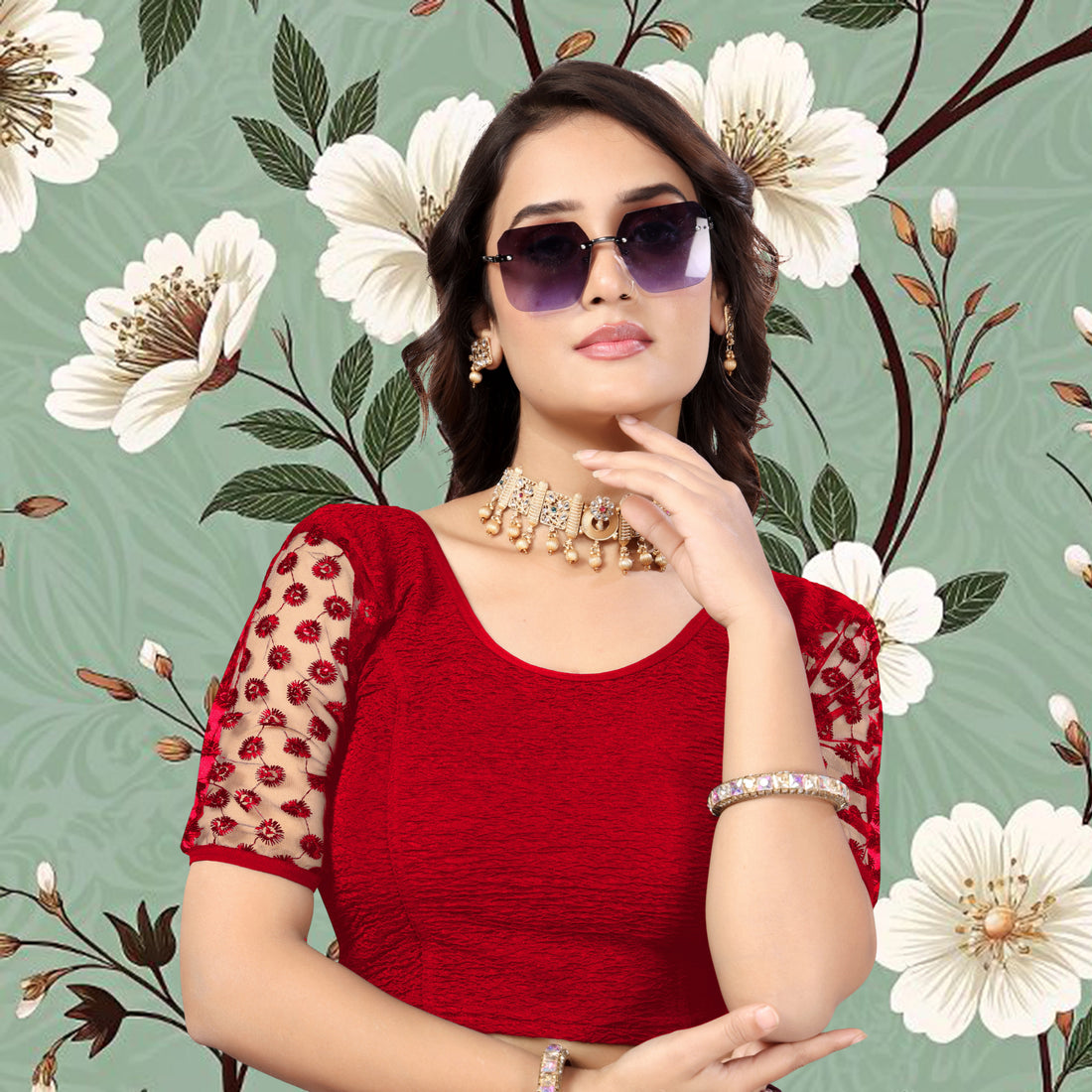 Stretchable Lycra Casual Round Neck Short Sleeves, Solid Lycra Blouse for Women, Fancy and Trendy blouse for girls and women With Stylist Net Pattern, New Designer Blouse
