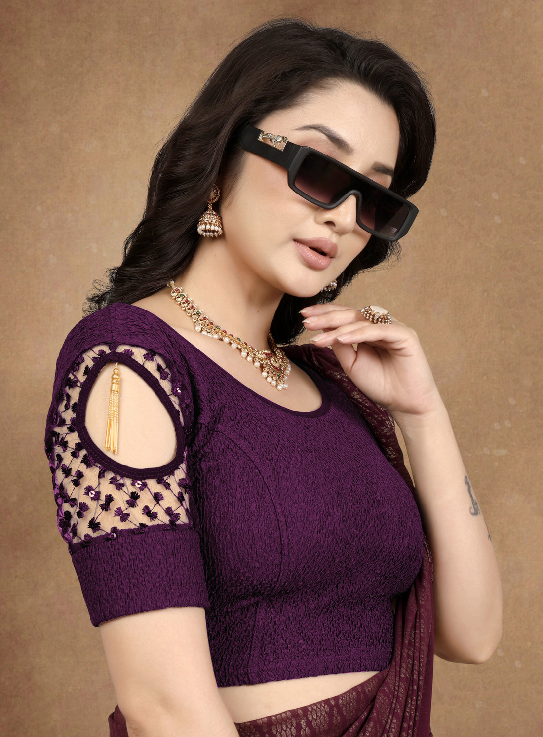 Latest Net Sleeve Pattern Stretchable Lycra Blouse, Tassels on Back for Women, Stylist Blouse For Women, Net Blouse Sleeve Pattern