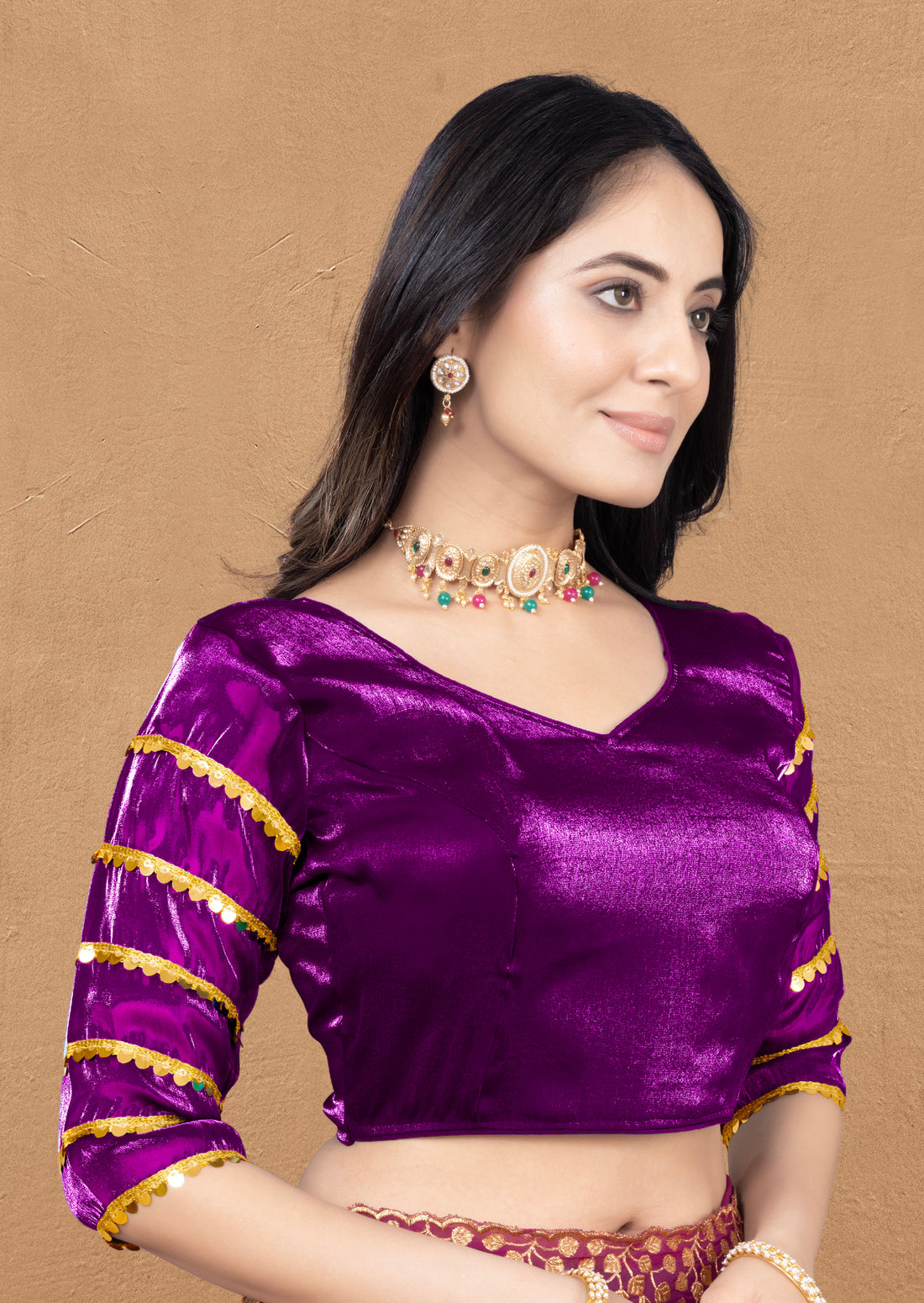 •  Premium Zimmy Choo Fabric Blouse for Women with Sequence Lace Sleeves and Golden Border, Perfect for Wedding Wear, Saree Styling and Party Looks