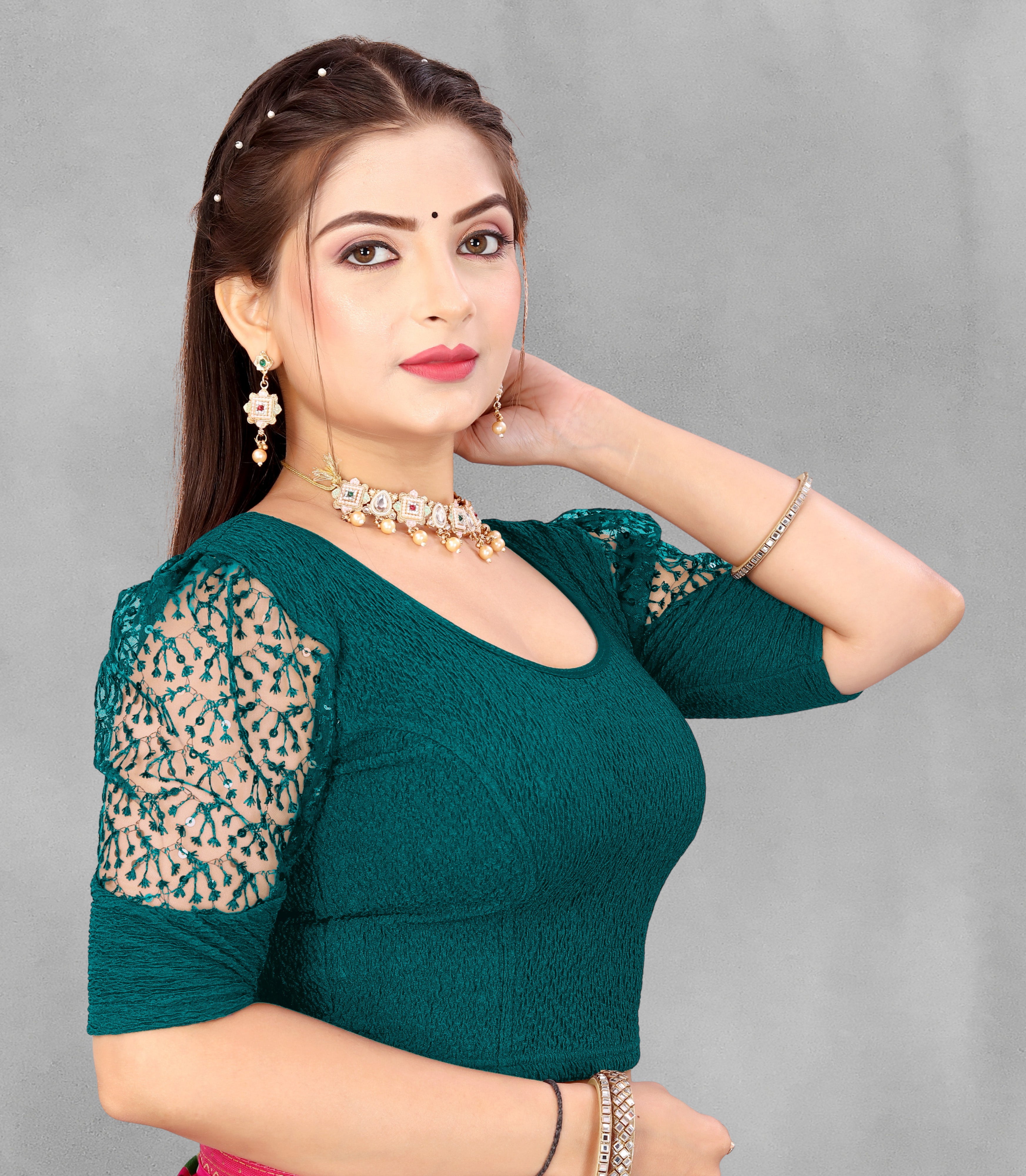 Stretchable Lycra Casual Round Neck Short Sleeves, Solid Lycra Blouse for Women, Fancy and Trendy blouse for girls and women With Stylist Net Pattern, New Designer Blouse