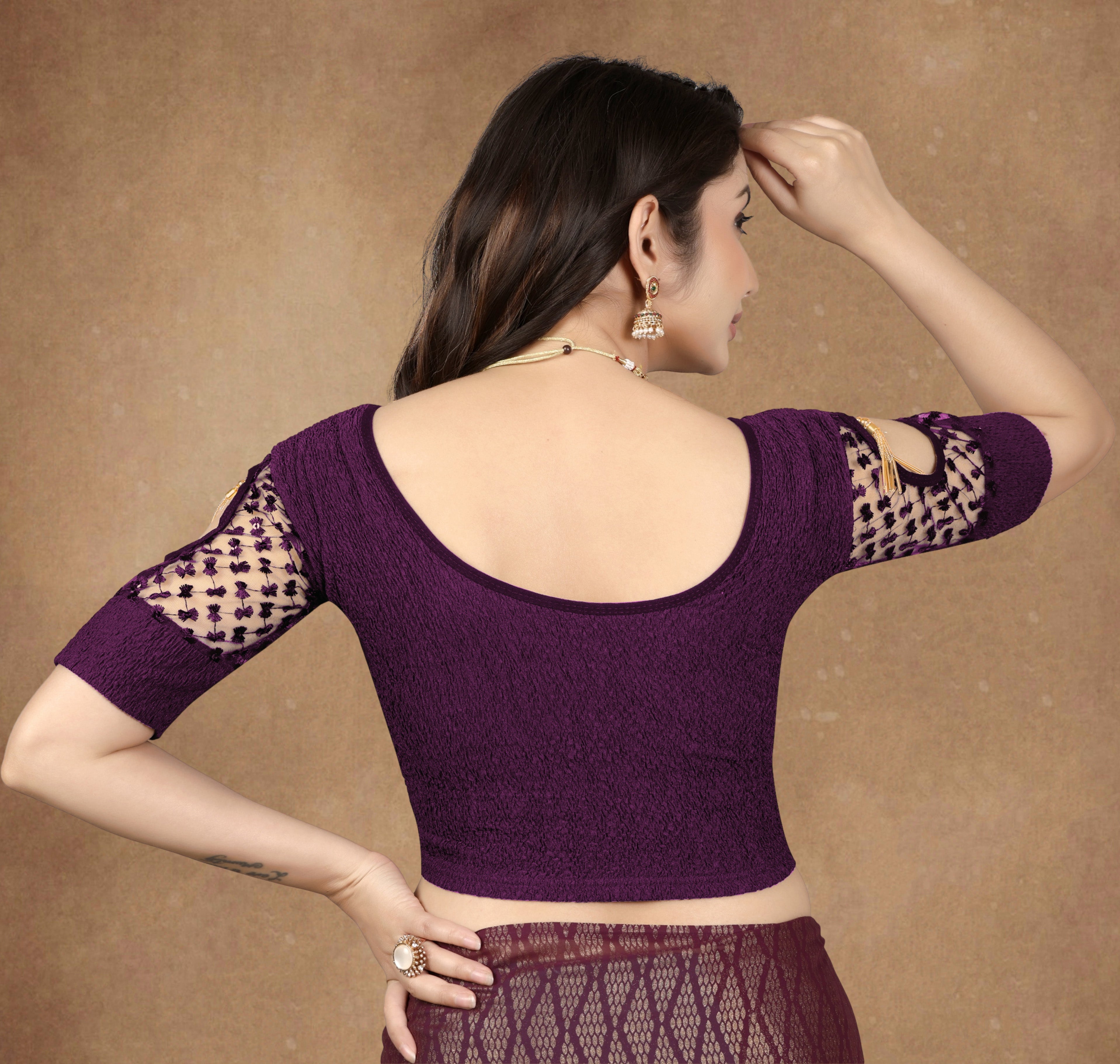 Latest Net Sleeve Pattern Stretchable Lycra Blouse, Tassels on Back for Women, Stylist Blouse For Women, Net Blouse Sleeve Pattern
