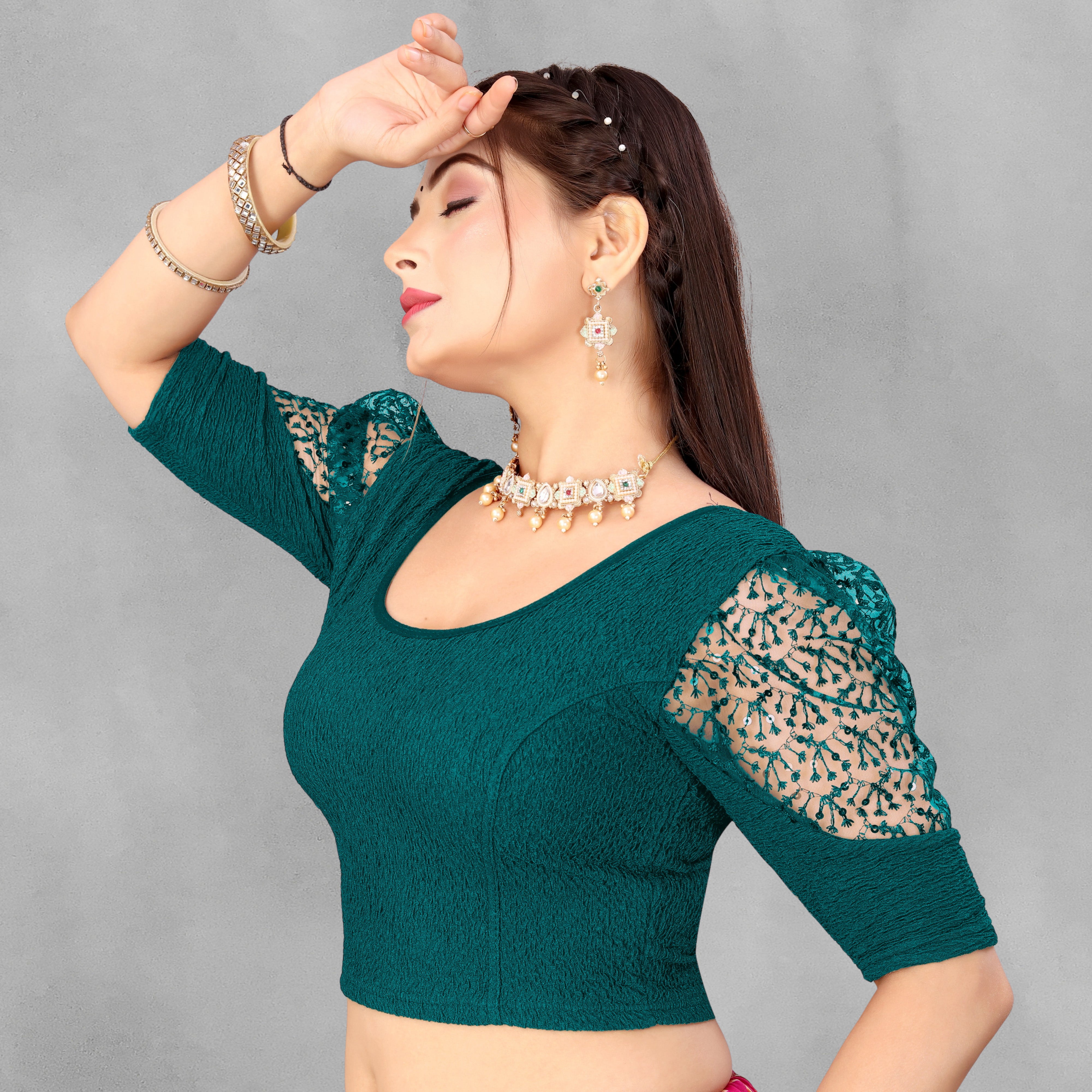 Stretchable Lycra Casual Round Neck Short Sleeves, Solid Lycra Blouse for Women, Fancy and Trendy blouse for girls and women With Stylist Net Pattern, New Designer Blouse