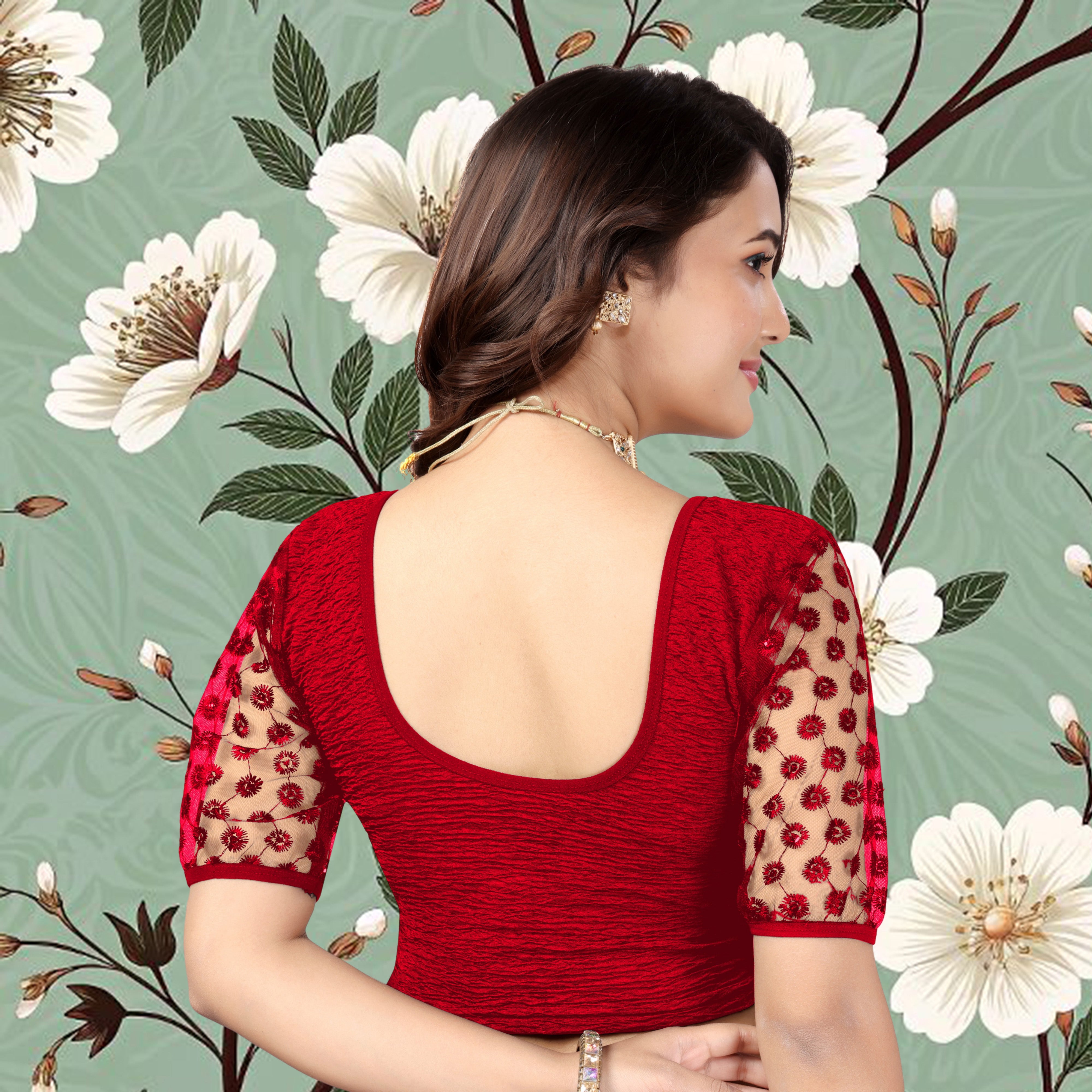 Stretchable Lycra Casual Round Neck Short Sleeves, Solid Lycra Blouse for Women, Fancy and Trendy blouse for girls and women With Stylist Net Pattern, New Designer Blouse