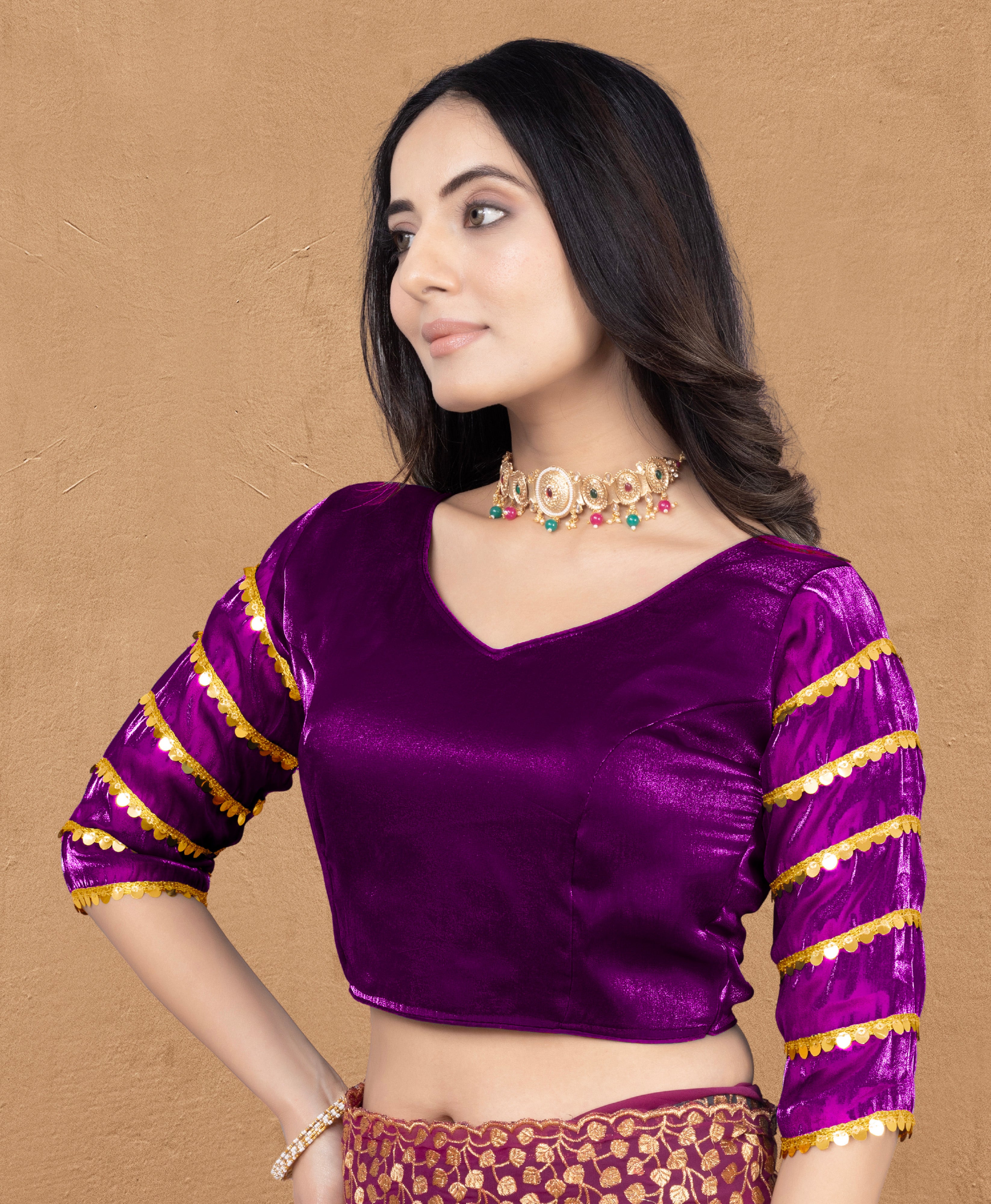 •  Premium Zimmy Choo Fabric Blouse for Women with Sequence Lace Sleeves and Golden Border, Perfect for Wedding Wear, Saree Styling and Party Looks