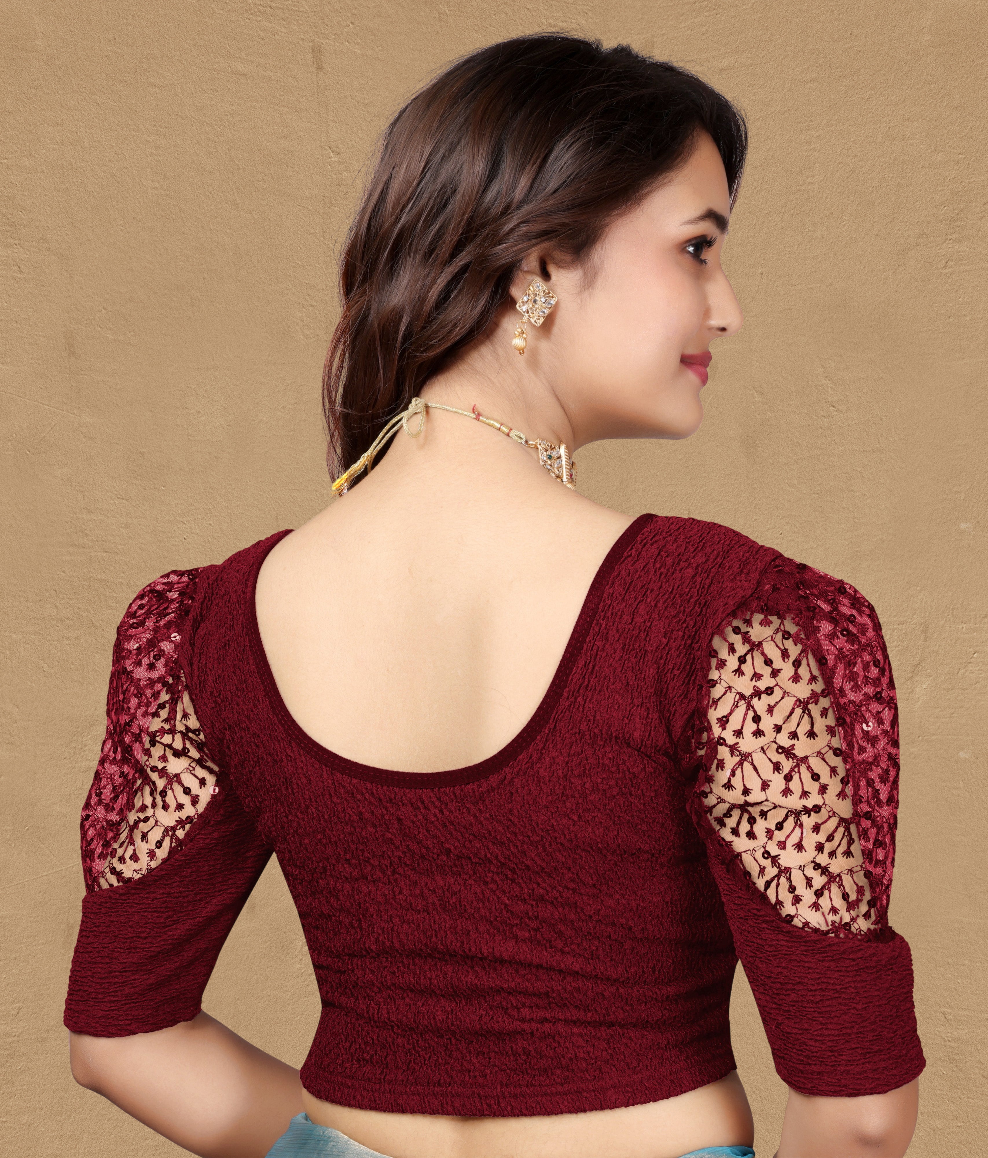 Imported Stretchable Lycra Full Stitched Blouse for women with Embroidery and Saquanc Work On Sleeve, Latest Lycra Blouse, Half Sleeve Blouse