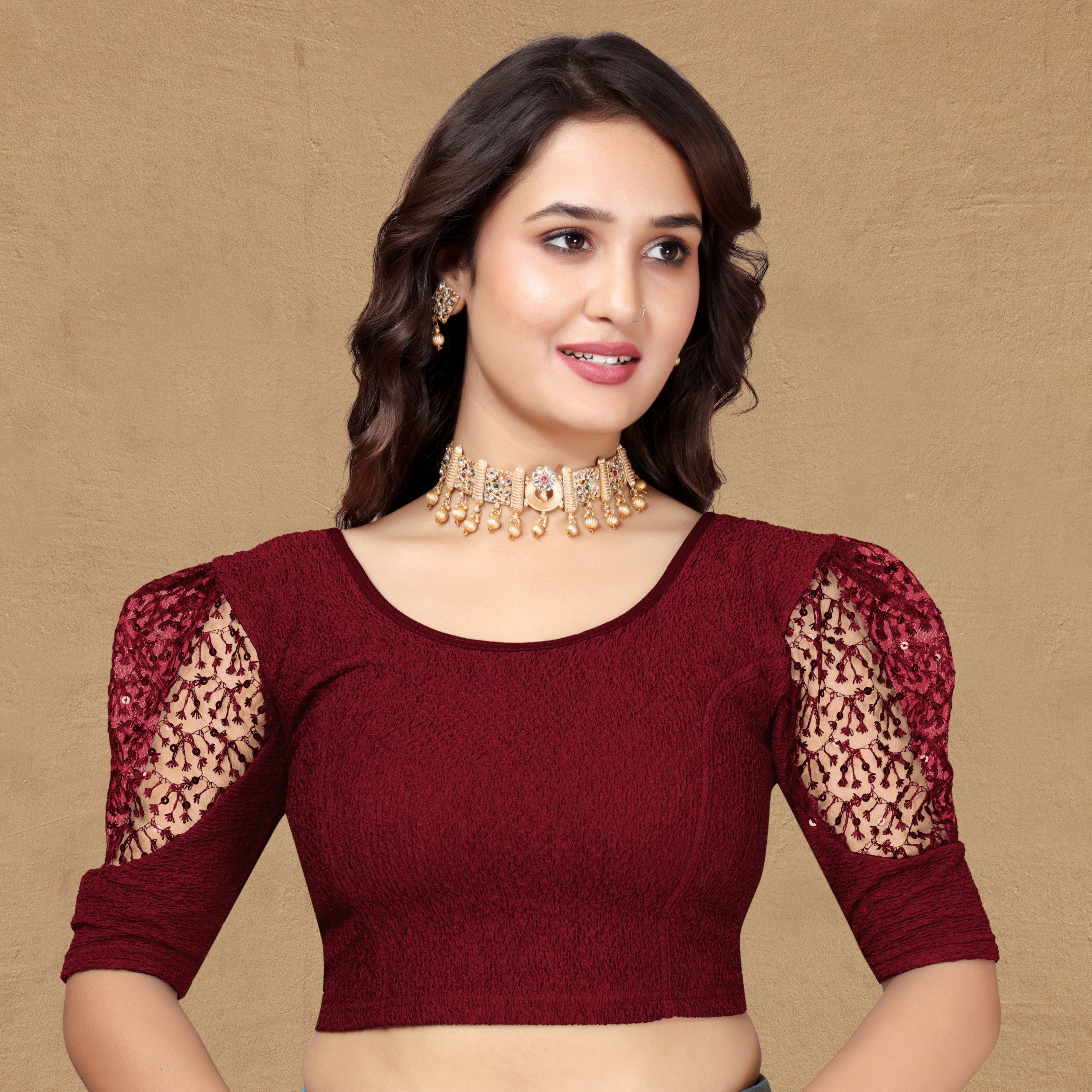 Imported Stretchable Lycra Full Stitched Blouse for women with Embroidery and Saquanc Work On Sleeve, Latest Lycra Blouse, Half Sleeve Blouse