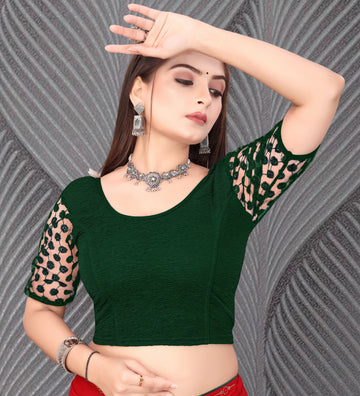 Imported Stretchable Lycra Full Stitched Blouse for women with Embroidery and Saquanc Work On Sleeve, Latest Lycra Blouse, Half Sleeve Blouse, Net Blouse