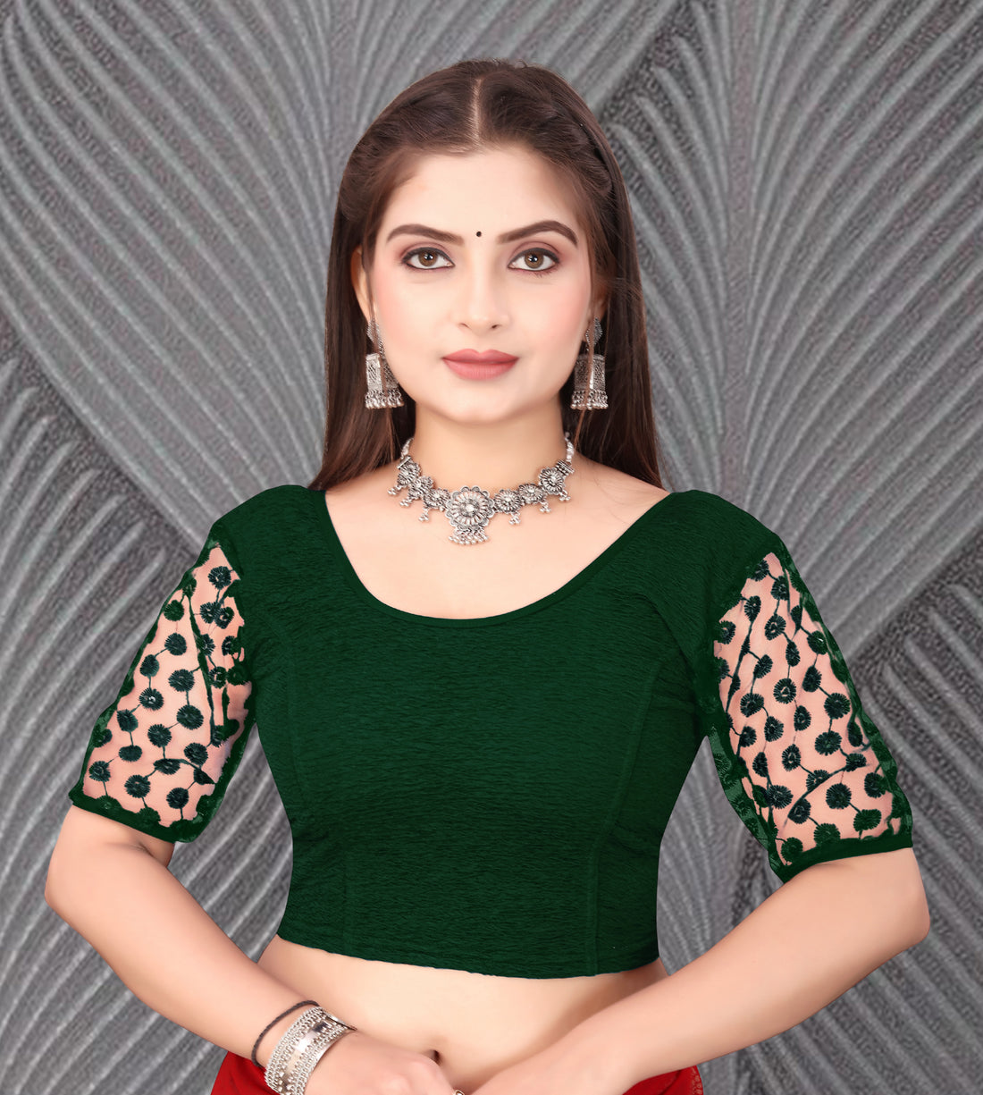 Imported Stretchable Lycra Full Stitched Blouse for women with Embroidery and Saquanc Work On Sleeve, Latest Lycra Blouse, Half Sleeve Blouse, Net Blouse