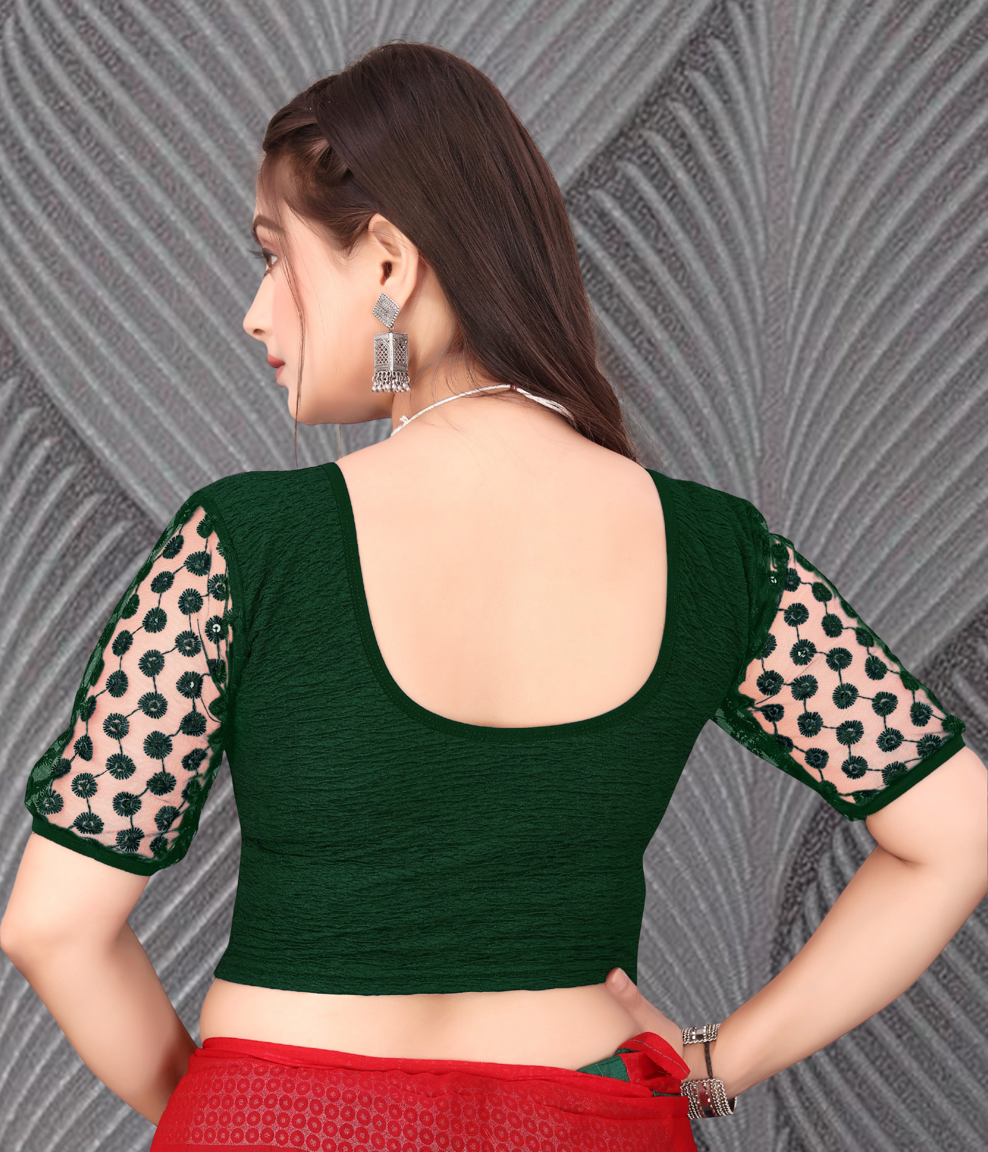 Imported Stretchable Lycra Full Stitched Blouse for women with Embroidery and Saquanc Work On Sleeve, Latest Lycra Blouse, Half Sleeve Blouse, Net Blouse