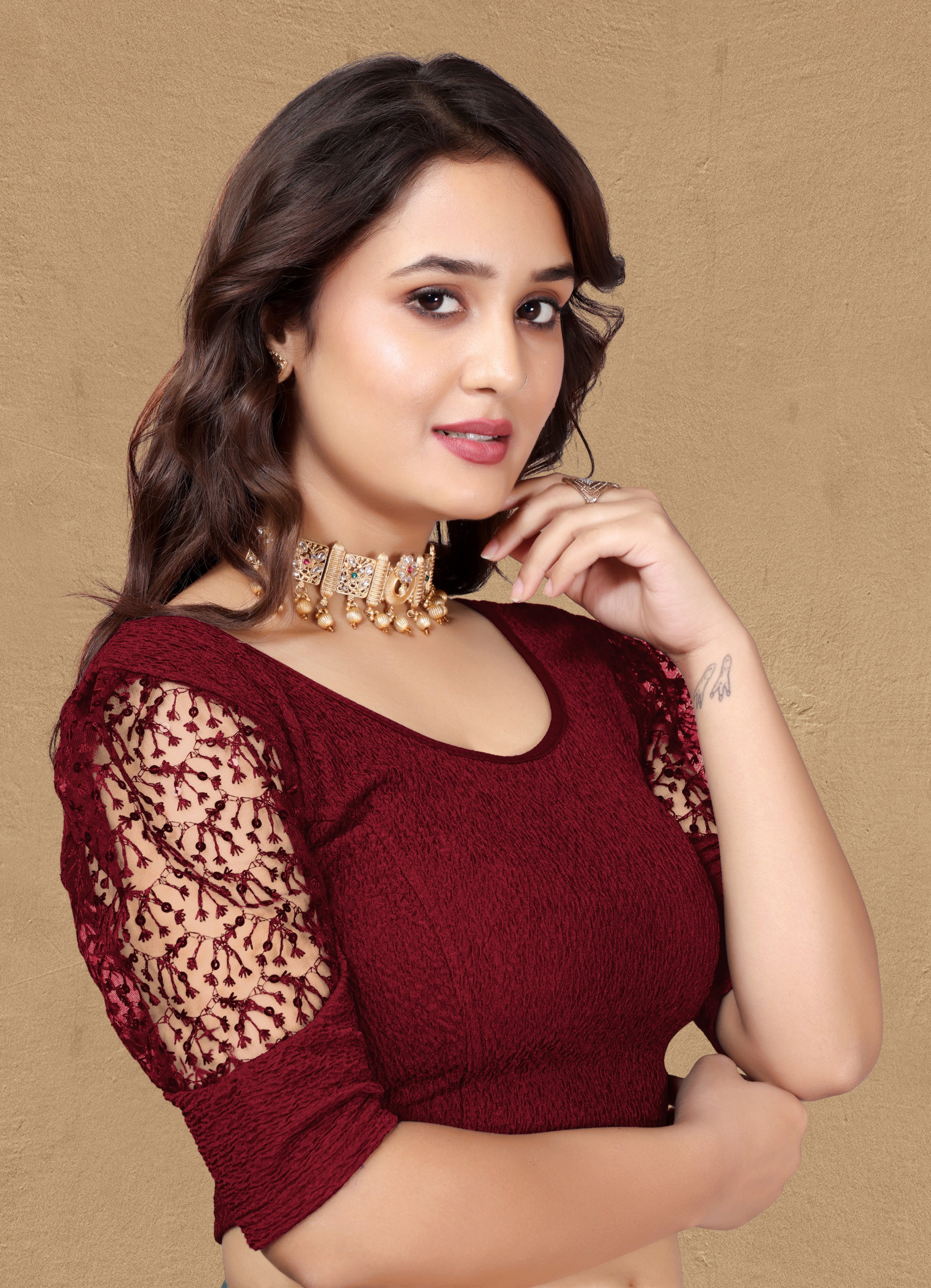 Imported Stretchable Lycra Full Stitched Blouse for women with Embroidery and Saquanc Work On Sleeve, Latest Lycra Blouse, Half Sleeve Blouse