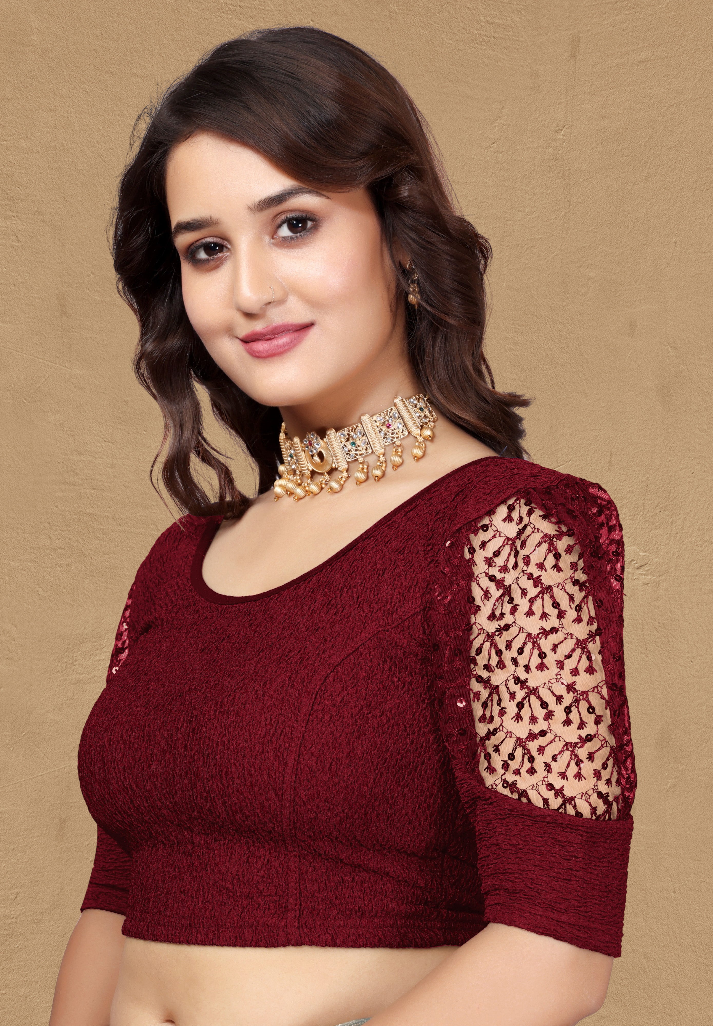 Imported Stretchable Lycra Full Stitched Blouse for women with Embroidery and Saquanc Work On Sleeve, Latest Lycra Blouse, Half Sleeve Blouse