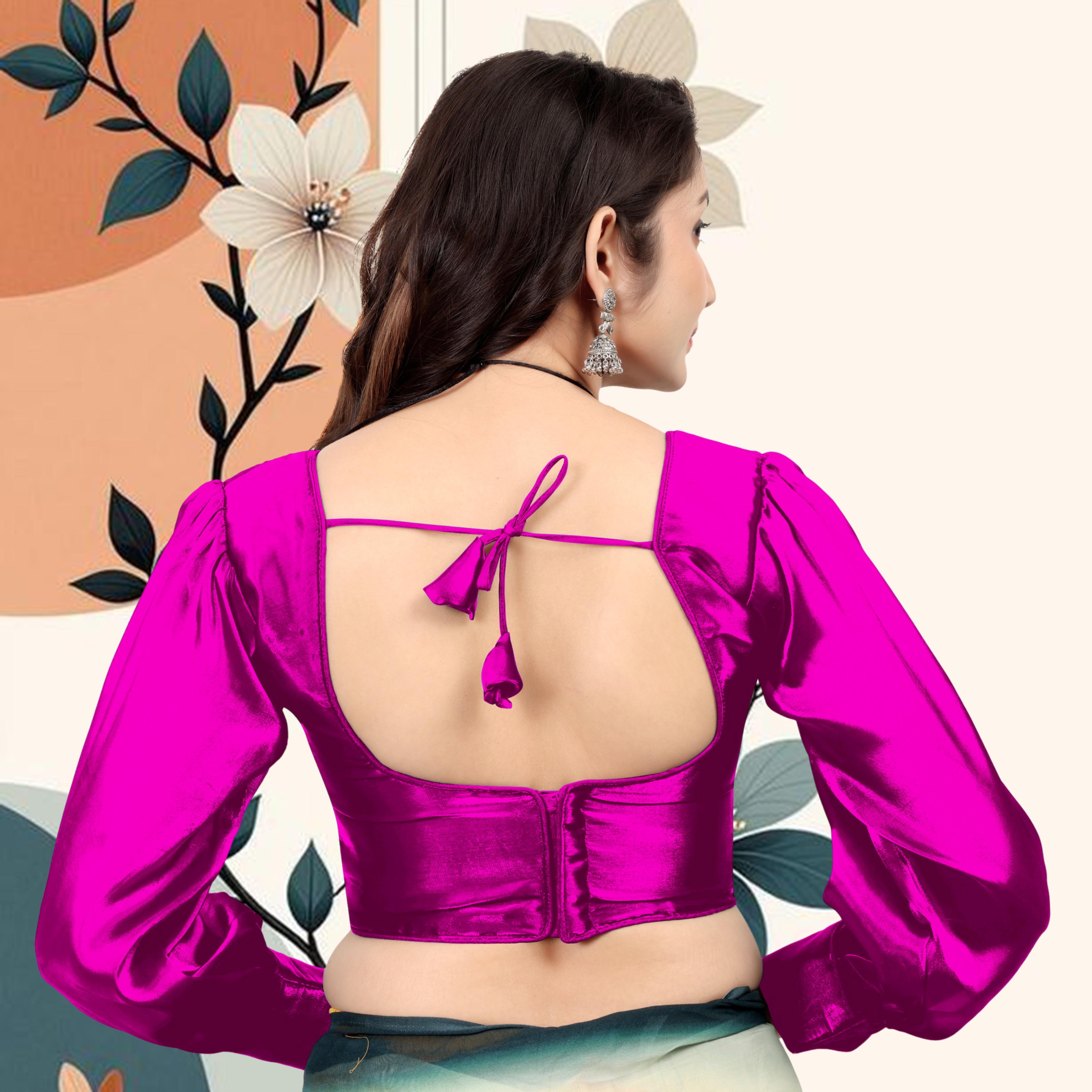 Zimmihoo Organza Party Wear Full Sleeve Blouse, V Neck Trending Saree Readymade Long Balloon Puff Sleeve Saree Blouse, Beautiful Blouse For Women.