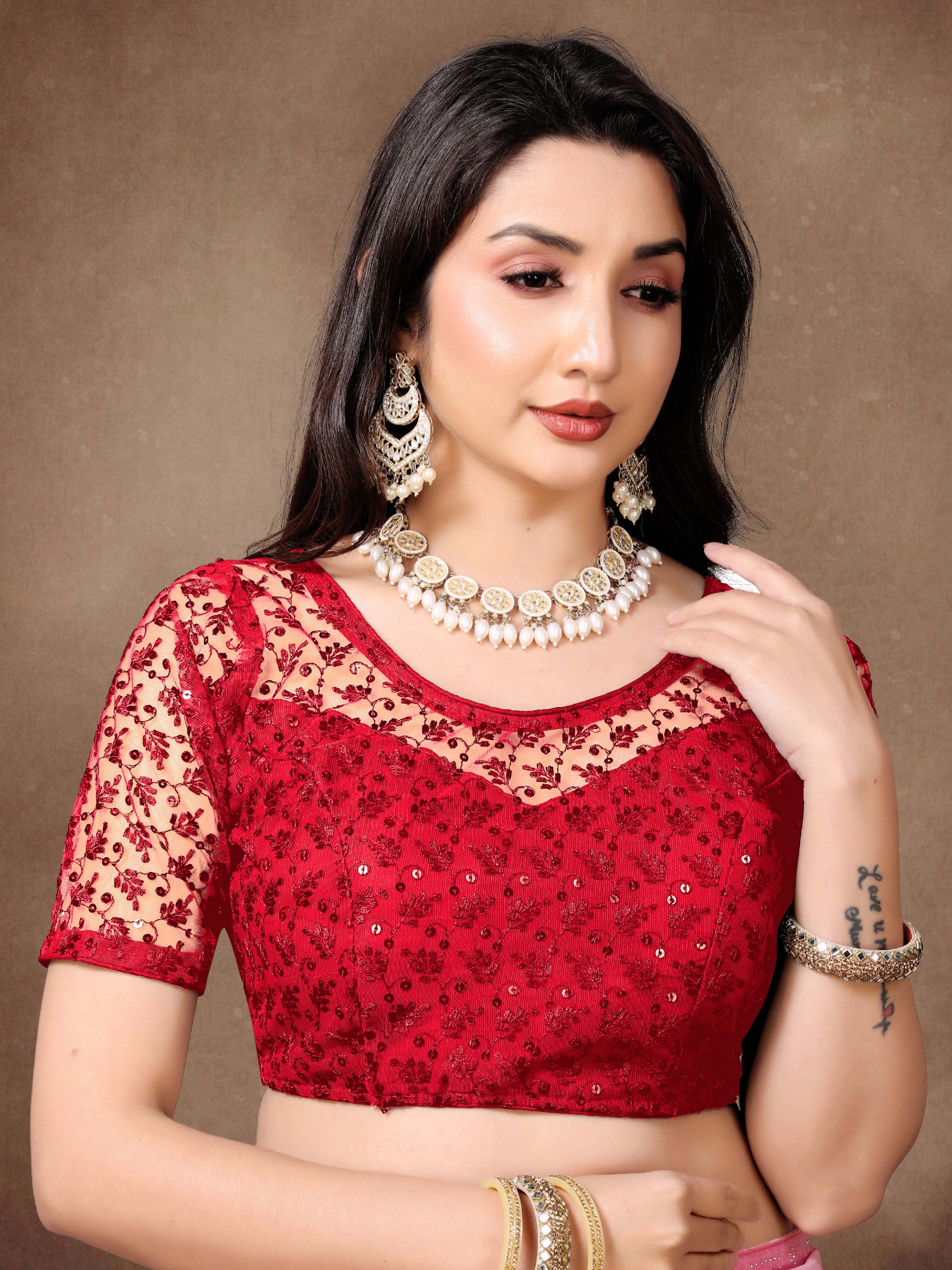 Full Stitched Net Blouse with Embroidery And Stylist Work Ready Made Net Blouse For Women