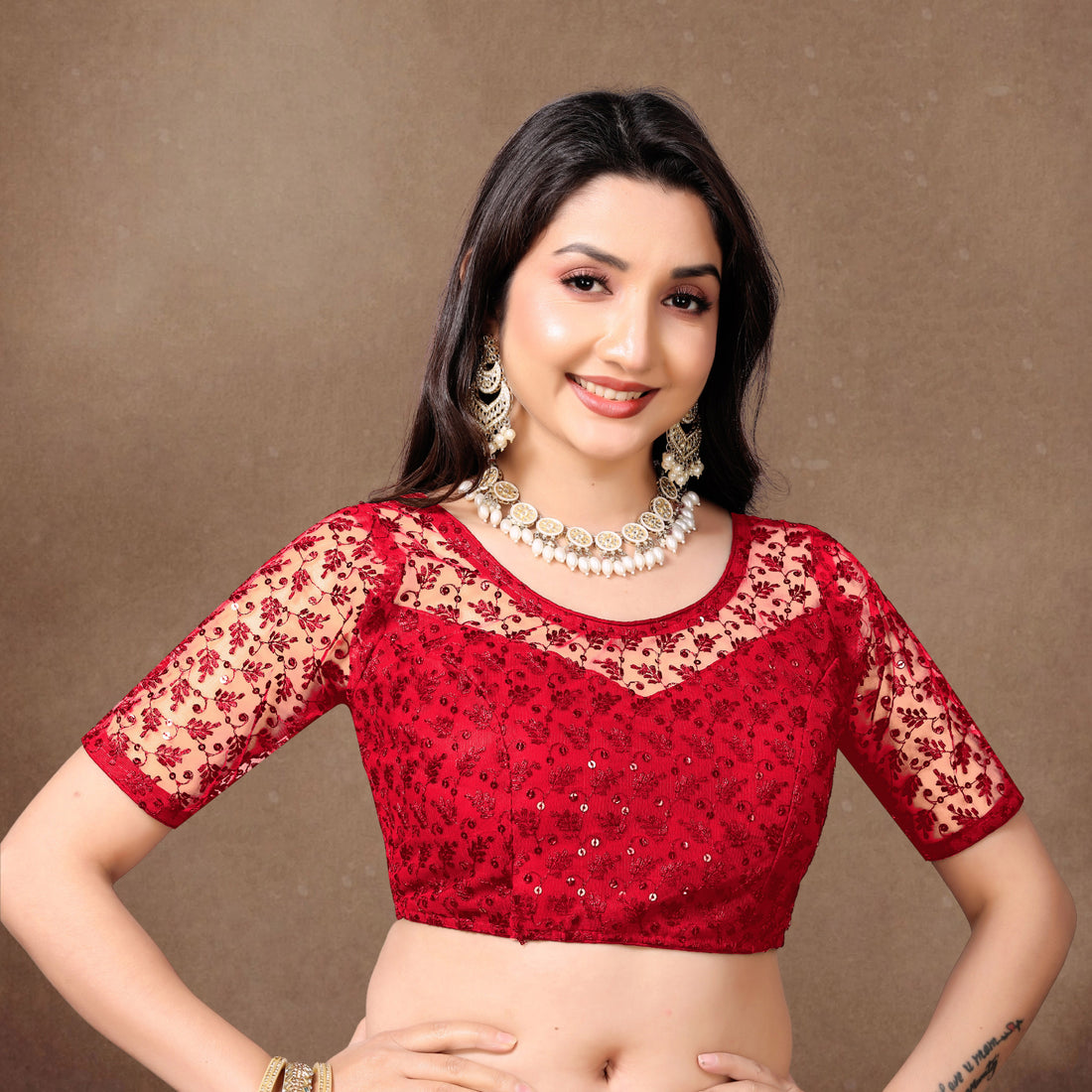 Full Stitched Net Blouse with Embroidery And Stylist Work Ready Made Net Blouse For Women