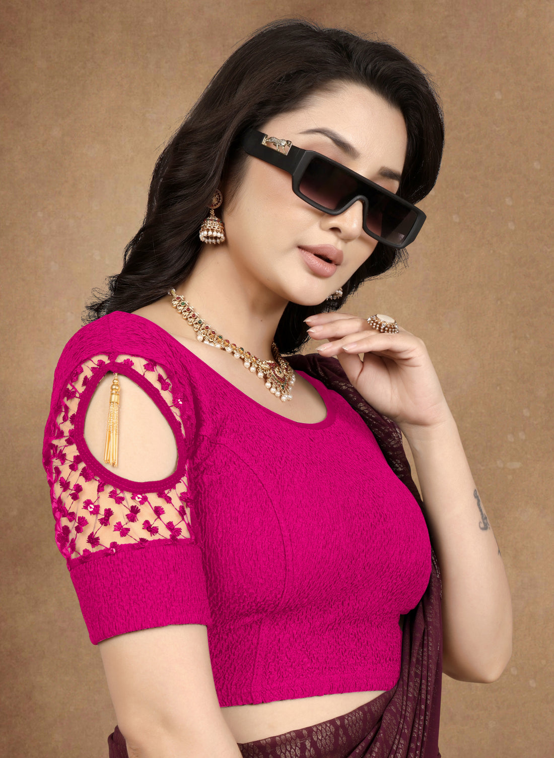 Stretchable Lycra Casual Round Neck Short Sleeves, Solid Lycra Blouse for Women, Fancy and Trendy blouse for girls and women With Stylist Net Pattern, New Designer Blouse