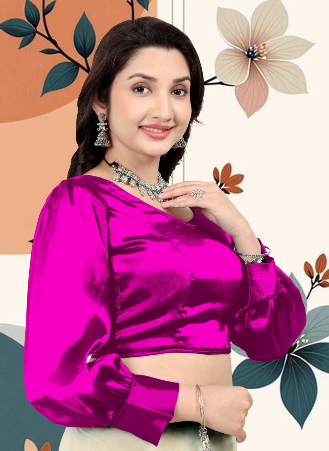 Zimmihoo Organza Party Wear Full Sleeve Blouse, V Neck Trending Saree Readymade Long Balloon Puff Sleeve Saree Blouse, Beautiful Blouse For Women.